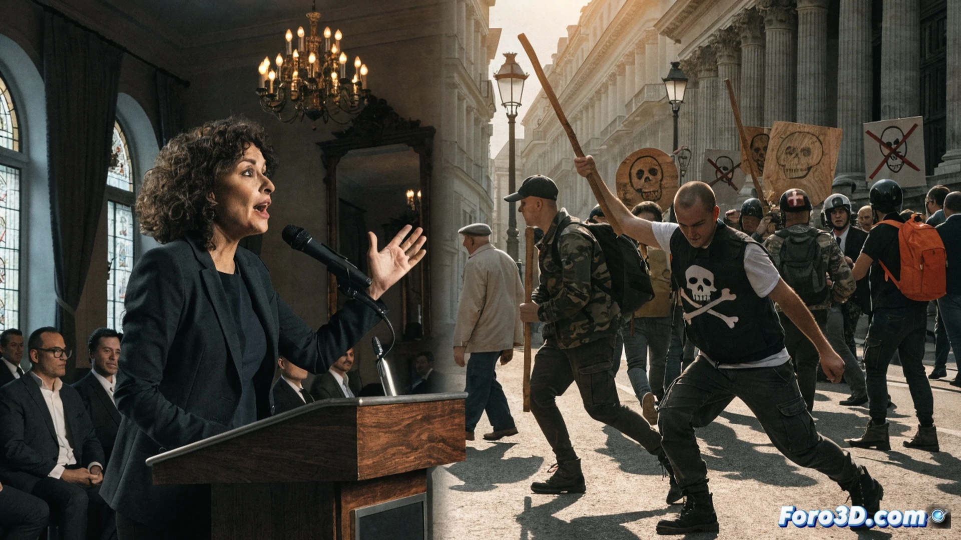 political rally scene in an industrial union hall, Yolanda Díaz standing at a podium with a raised fist, union workers in high-visibility vests holding tools and hard hats, a digital screen behind showing a graph of declining social rights, a large gear mechanism partially visible in the background, cinematic documentary style, photorealistic rendering, dramatic side lighting casting long shadows, workers in motion clapping and stepping forward, union banners with abstract red fabric waves, metallic industrial ceiling structure, gritty realistic textures, shallow depth of field focusing on the speaker and the closest worker hands