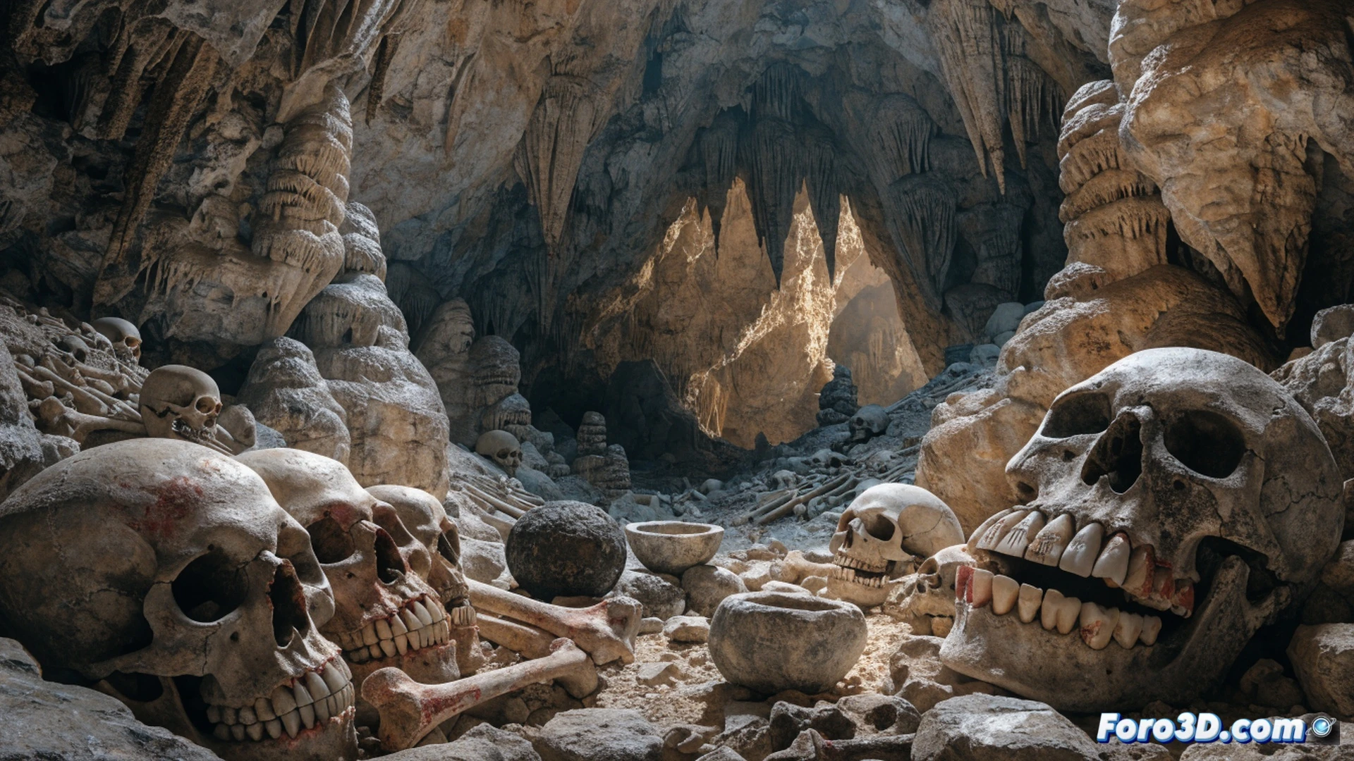 Cueva de Belice iluminada por antorchas, arqueólogos mayas colocando dientes humanos en un altar ceremonial de piedra, humo de copal elevándose mientras figuras sacerdotales realizan gestos rituales, cráneos parcialmente visibles en nichos rocosos, estalactitas en el fondo, herramientas de obsidiana y jade sobre el altar, estilo cinematográfico fotorrealista, iluminación dramática con sombras profundas, texturas de piedra caliza húmeda, polvo suspendido en rayos de luz, atmósfera mística y técnica
