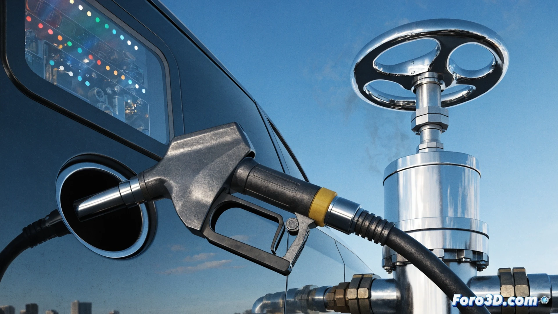 Surrealista gasolinera nocturna, gota de diésel cayendo sobre un surtidor digital que marca 1,733 euros, manos de conductor retirando la boquilla mientras el contador del depósito muestra el descuento fiscal de 16,7 céntimos, fondo con barril de petróleo agrietado y banderas de Estados Unidos e Irán en negociación borrosa, iluminación de farola fría, vapor de combustible evaporándose, textura metálica oxidada en la manguera, estilo cinematográfico fotorrealista, composición dramática con sombras alargadas, sensación de alivio temporal y fragilidad económica.