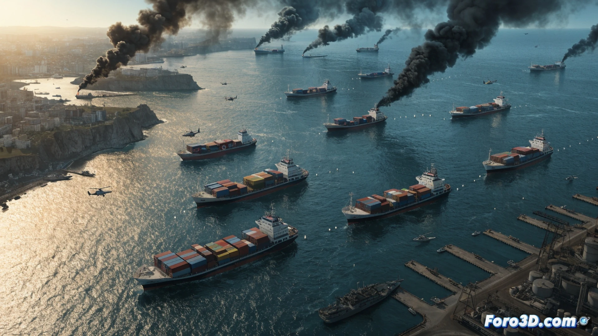 container ships at anchor in hazy Gulf waters, three vessels visible in foreground with rust-streaked hulls, one ship showing active navigation lights while crew members on deck monitor radar screens, distant oil tanker silhouette against sunset horizon, calm sea surface reflecting orange sky, dramatic low-angle shot emphasizing ship scale, photorealistic maritime documentary style, industrial cranes and cargo containers visible on decks, hazy atmospheric conditions suggesting tension, wide cinematic aspect ratio, ultra-detailed ship superstructures with antenna arrays and bridge windows
