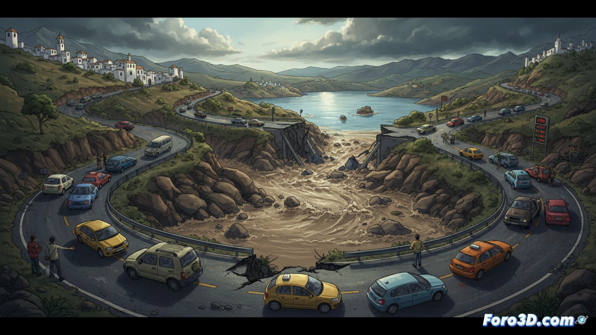 Flooded Andalusian mountain road with cracked asphalt, a red car partially submerged near a collapsed guardrail, water currents dragging mud and debris across the pavement, warning barriers and orange traffic cones displaced by the flow, distant orange sunset sky reflecting on standing water, cinematic photorealistic engineering visualization, dramatic storm lighting, wet metallic car surfaces, muddy tyre tracks fading into deep puddles, detailed erosion patterns on the roadside embankment, ultra-realistic textures of rain-soaked gravel and broken road markings