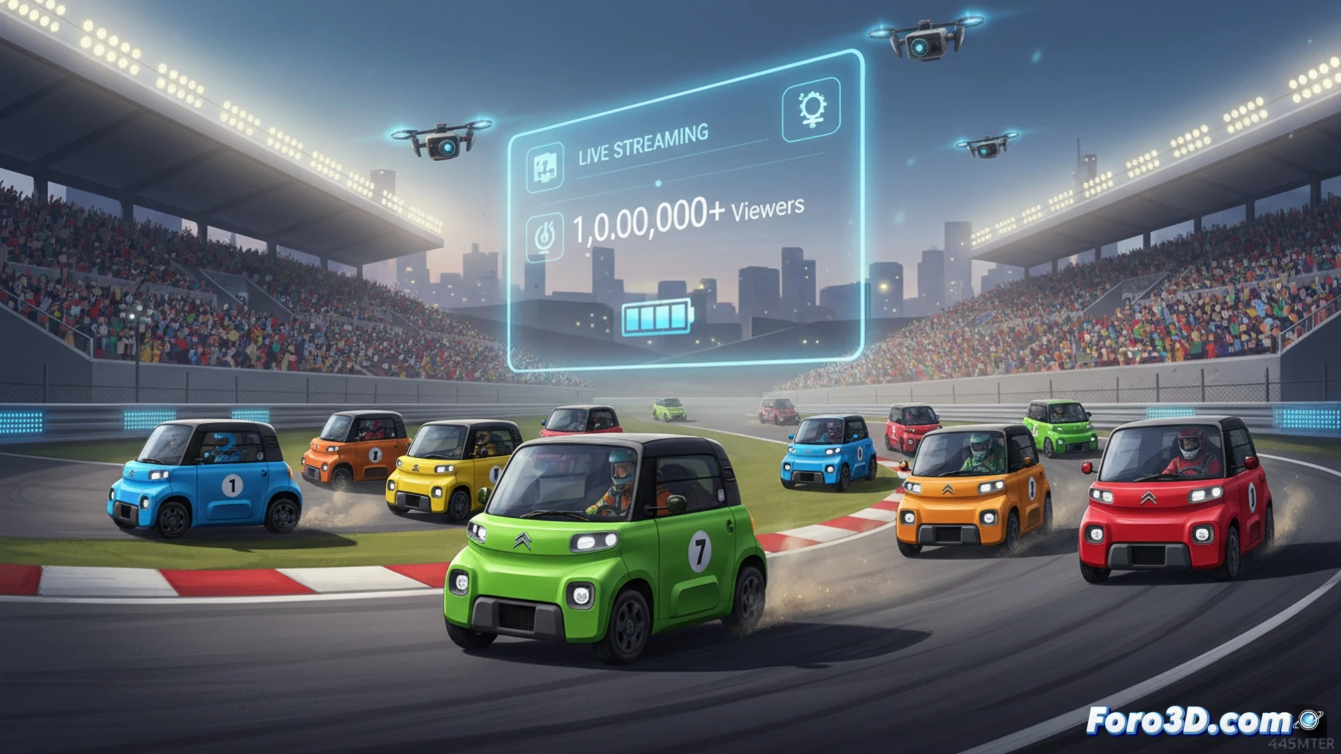 small electric quadricycles racing on a tight oval track, four Citroen AMI vehicles leaning into a curve at high speed, dust and tire marks visible on asphalt, dashboard screens showing battery levels and speed at 70 km/h, pit crew monitoring laptop telemetry data in the background, streaming camera rig on a tripod with live Twitch interface overlay, cinematic photorealistic style, dynamic motion blur, dramatic evening lighting with track floodlights casting long shadows, ultra-detailed vehicle body panels and suspension components, realistic tire smoke and rubber debris, technical racing visualization