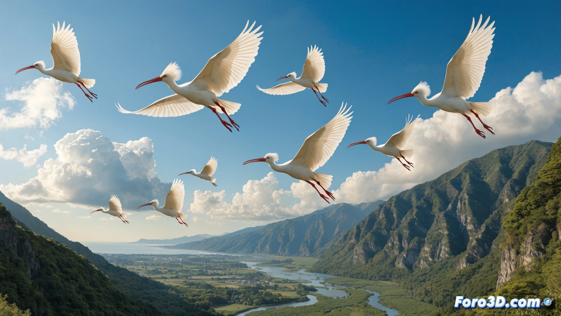 Ten ibis crested birds in mid-flight over a misty Japanese wetland at dawn, feathers catching golden sunlight, wings spread wide during takeoff from a riverside release point, conservation staff in green vests standing beside open transport cages, birds ascending into a clear sky above Ishikawa, photorealistic nature documentary style, soft atmospheric haze over rice paddies and distant mountains, hyper-detailed plumage texture, naturalistic color palette, shallow depth of field with birds sharp against blurred forest background, cinematic golden hour lighting, no text or numbers visible