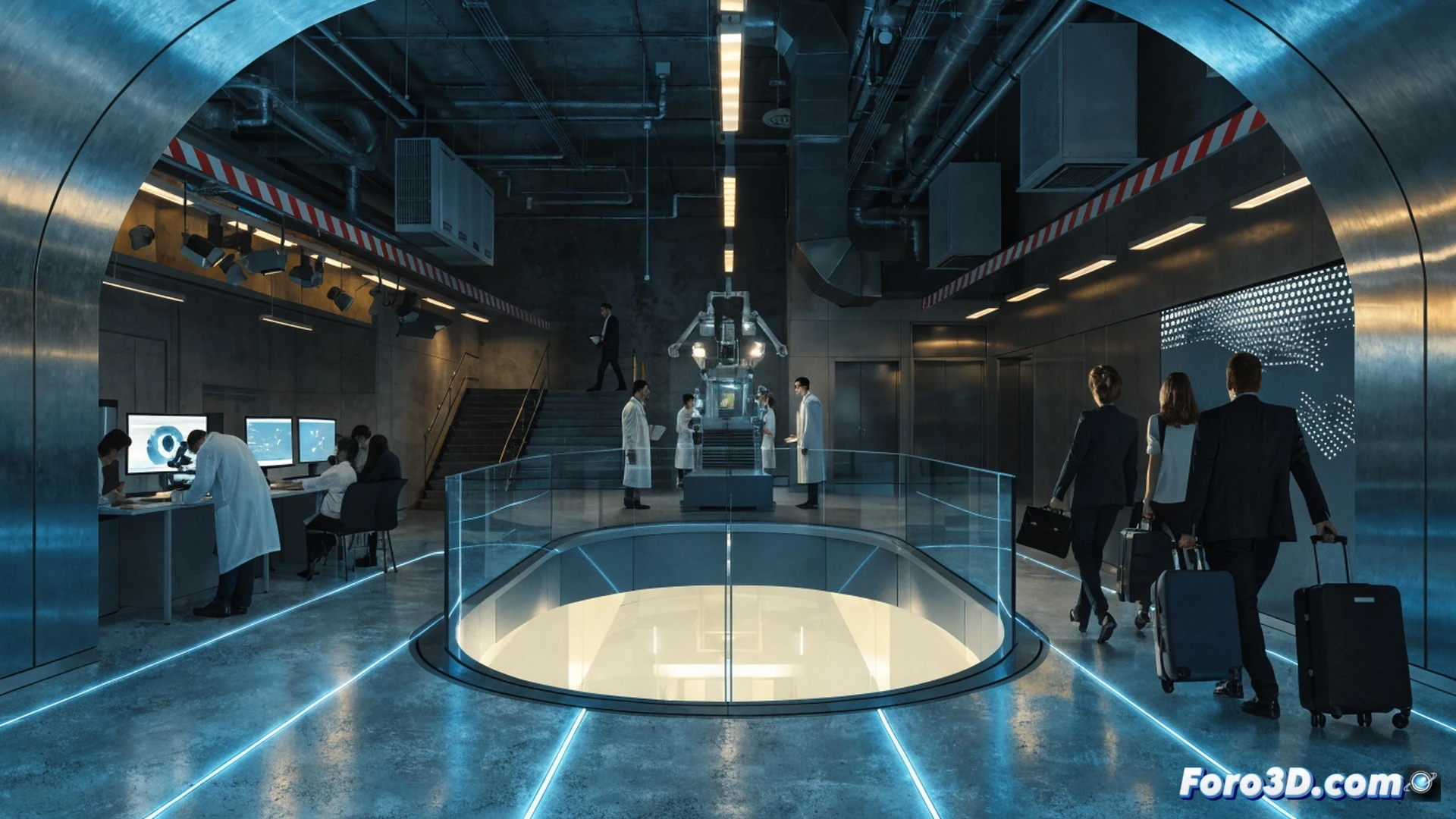 laboratory scene with a researcher in a white coat packing a suitcase while a colleague stops them, handing over a contract and a microscope, background showing a map of Castilla-La Mancha with glowing innovation hubs, scientific equipment like centrifuges and laptops with data graphs visible, photorealistic engineering visualization, warm dramatic lighting emphasizing stability and collaboration, ultra-detailed textures on glassware and paperwork, cinematic composition with depth of field