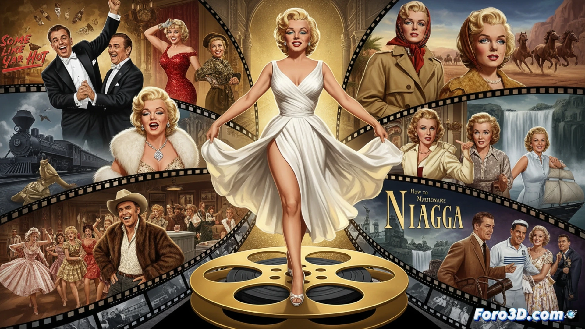 vintage television set displaying black-and-white film scene of Marilyn Monroe in flowing white dress standing over subway grate, white fabric billowing upward from hidden fan mechanism, retro living room interior with 1950s furniture, streaming service interface on tablet beside TV, glowing screen reflection on coffee table, cinematic photorealistic style, warm amber lighting, dust particles in light beam, nostalgic film grain texture, ultra-detailed period decor