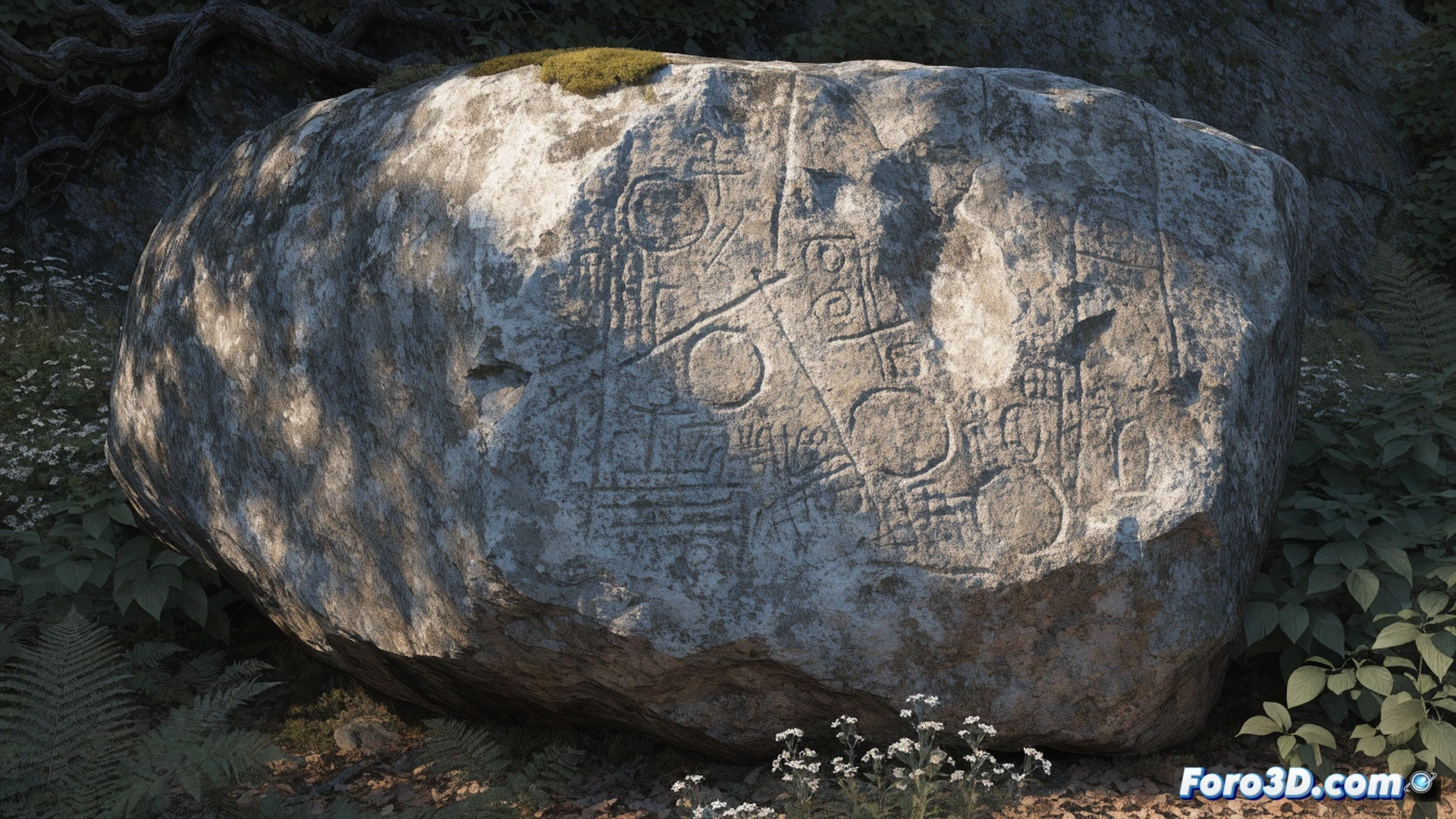 massive forty-ton granite boulder with ancient petroglyphs in a dim Massachusetts forest, archaeologists using portable 3D scanners and UV lights to reveal carved symbols on the stone surface, one researcher holding a tablet displaying a digital model of the rock with highlighted markings, another adjusting a tripod-mounted LiDAR device during the scanning process, forensic tool marks analysis visible on the stone, photorealistic cinematic visualization, soft morning mist filtering through trees, dramatic side-lighting emphasizing the carved grooves, ultra-detailed rock texture with moss and lichen, technical archaeological illustration style