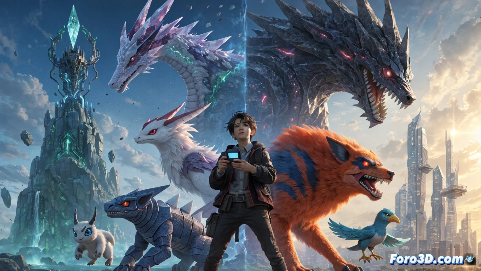 Nintendo Switch 2 console displaying a Digimon RPG battle scene on its screen, a player hand holding the Joy-Con controller mid-action during a special attack sequence, digital monsters rendered with glowing energy trails, console docked with charging cable visible, cinematic game screenshot style, dynamic lighting from the screen illuminating the controller and hand, realistic plastic textures on the console, soft depth of field blurring the background, photorealistic technical illustration, demonstrating gameplay transfer progress feature with a subtle save icon symbol