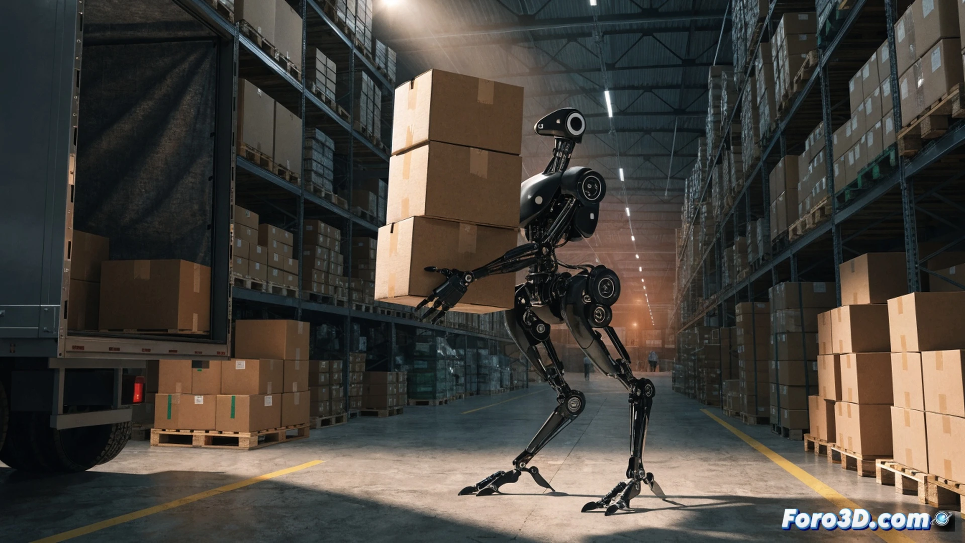 Digit robot with bird-like backward-bending knees unloading a cardboard box from a delivery truck, standing inside a warehouse loading dock, bright LED ceiling lights illuminating the scene, box held securely in its grippers while stepping forward with one leg, motion blur on the box during the transfer process, warehouse shelves stacked with inventory in the background, yellow safety markings on the floor, photorealistic engineering visualization, metallic and matte white robot casing, dynamic action pose, soft shadows from overhead industrial lighting, technical detail on the knee joint mechanism
