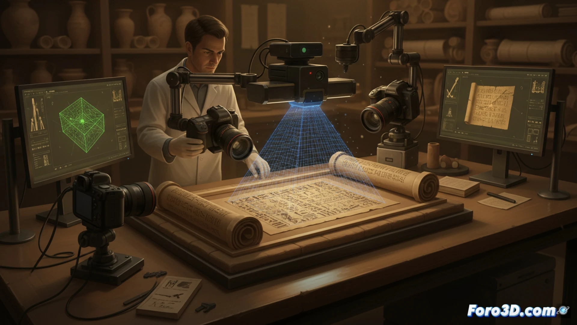 Papiro antiguo digitalizado en 3D con fotogrametría, mostrando fibras y relieve para estudio sin contacto