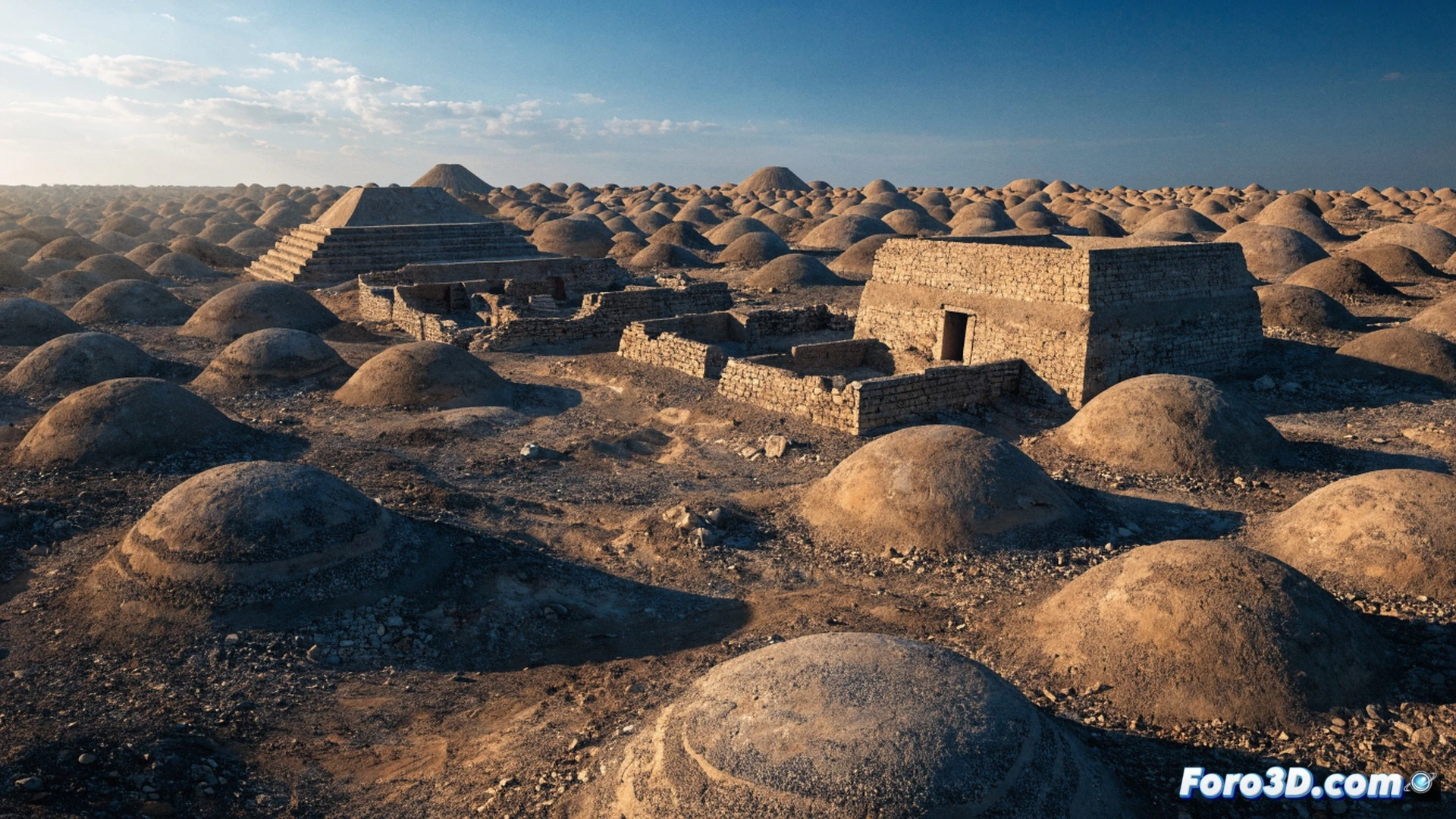 Túmulos funerarios de piedra caliza dispersos en un desierto árido, una excavación arqueológica activa mostrando un esqueleto parcialmente expuesto con herramientas de medición láser y pinceles, drones sobrevolando la necrópolis durante el atardecer, polvo levantado por el viento, estilo cinematográfico fotorrealista, iluminación dorada dramática, texturas rugosas de roca, cielo naranja profundo, escala masiva de más de 350.000 montículos visibles en el horizonte, composición épica y técnica.