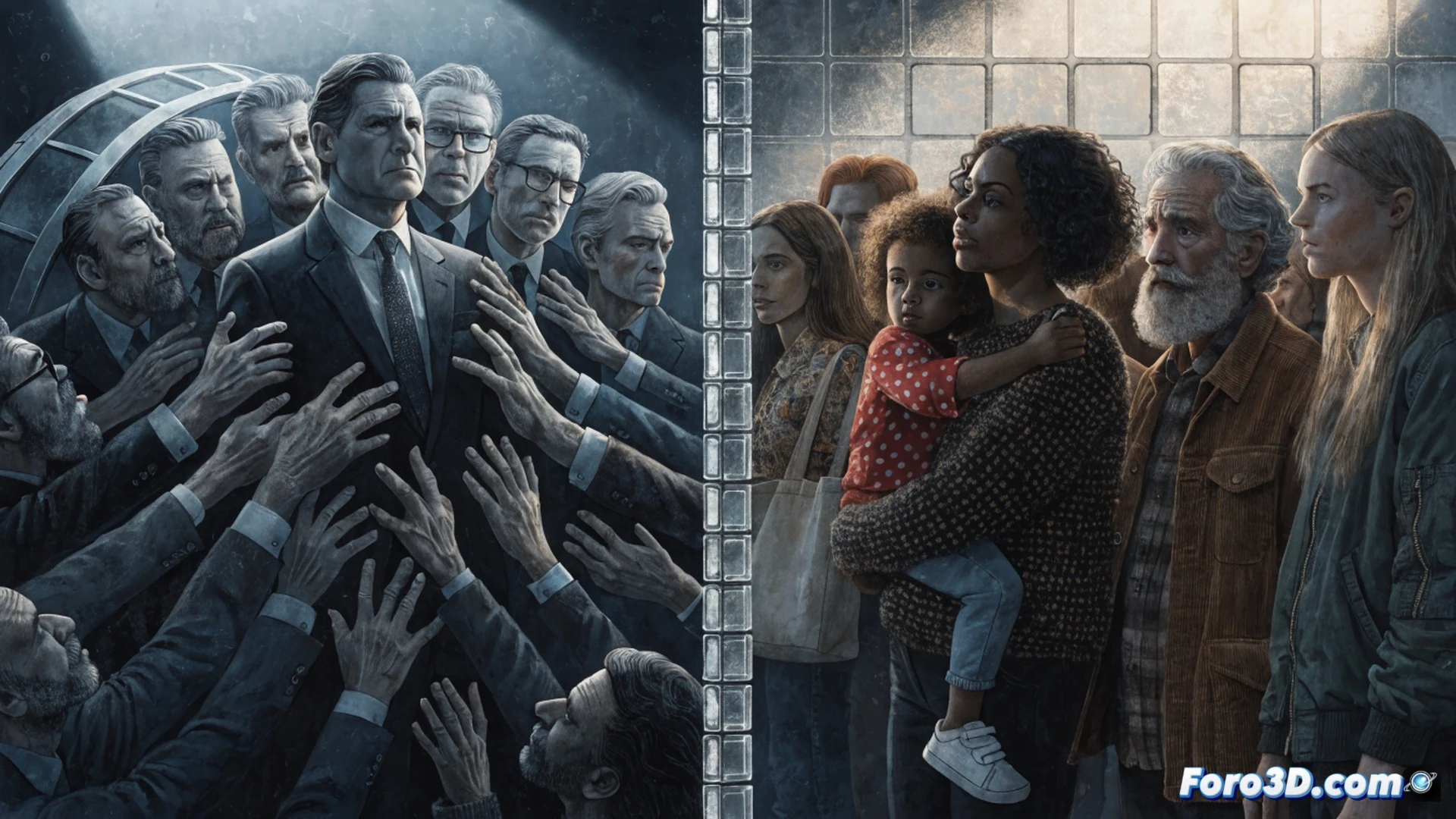 A politician silhouette walks away from a conference table, leaving behind scattered documents labeled Housing Act, Tax Reform, and Public Health Plan. In the foreground, a digital tablet displays a paused transition flowchart with broken connection lines between citizen needs and policy actions. The scene shows a glass office door closing, reflecting blurred silhouettes of waiting citizens outside. Cinematic engineering visualization, cold blue and grey lighting, photorealistic render, shallow depth of field, dramatic shadows, ultra-detailed corporate interior with technical diagrams on screen, sense of halted process and abandoned urgency.