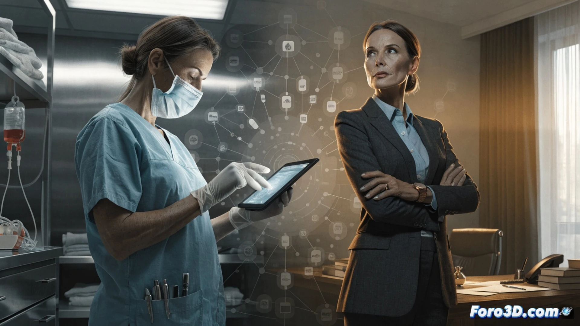 A glass-walled boardroom split diagonally, left side showing a government health agency office with official documents and a laptop displaying a regulatory database, right side revealing a pharmaceutical company boardroom with stock charts and drug patent diagrams on a screen, a woman in a white lab coat sits at both desks simultaneously, reaching for a pen on the left while her right hand types on a keyboard, her reflection in the glass shows two different digital badges, one with a state seal and one with a corporate logo, the boundary between the spaces is a translucent barrier made of stacked prescription pill packets, soft blue and green lighting on the left, warm amber on the right, cinematic photorealistic style, technical illustration with visible screen text and document details, dramatic shadows emphasizing the split identity, ultra-realistic textures on glass, paper, and plastic.