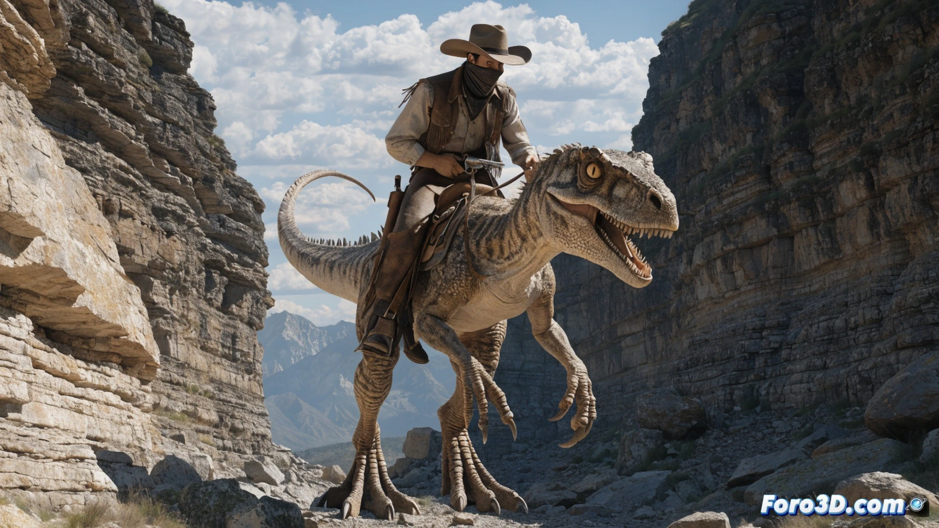 vaquero montando un velocirraptor domesticado al galope a través de un cañón del Lejano Oeste, mostrando una silla de montar de cuero con hebillas de latón, riendas de cuerda enganchadas a un arnés metálico, polvo levantado por garras de dinosaurio durante la carrera, fondo de formaciones rocosas rojizas y cielo despejado, sol bajo creando sombras alargadas, estilo cinematográfico western, iluminación cálida y dramática, texturas realistas de escamas y plumas, fotorealismo técnico