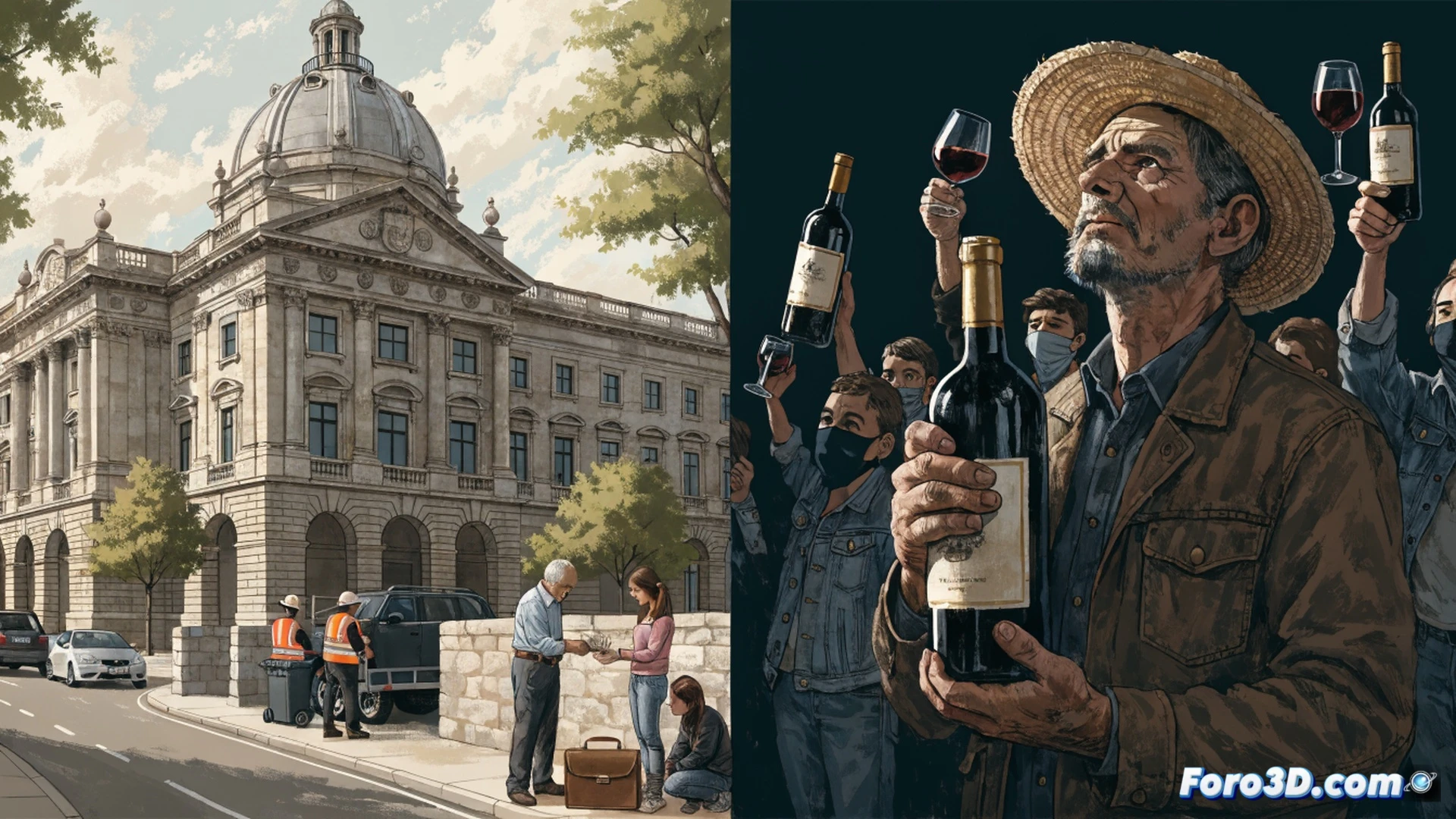 Two contrasting scenes in one frame: left side shows a municipal office with stacks of 306.000 euro coins and a waste truck unloading at a recycling plant, representing Diputación funding and RSU service relief; right side shows a vineyard with drooping grapevines and a farmer holding a glass of wine, while a bar chart displays falling price lines, symbolizing UPA wine crisis. Cinematic photorealistic illustration, dramatic golden hour lighting, detailed textures of coins, truck, grapes, and glass, technical visualization with financial and agricultural elements, hyper-realistic render, no text or numbers visible.