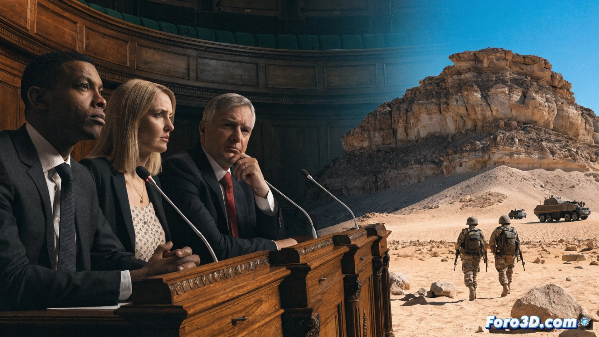 photorealistic scene of UK Parliament chamber, a group of MPs in suits gathered around a wooden desk, one holding a document with a map of Western Sahara while pointing at a ballot box, another MP typing on a laptop showing a trade agreement document being crossed out, a digital screen in background displaying a referendum map with a green checkmark, dramatic cinematic lighting from overhead chandeliers, detailed wood textures, polished brass fixtures, serious diplomatic atmosphere, ultra-realistic political visualization