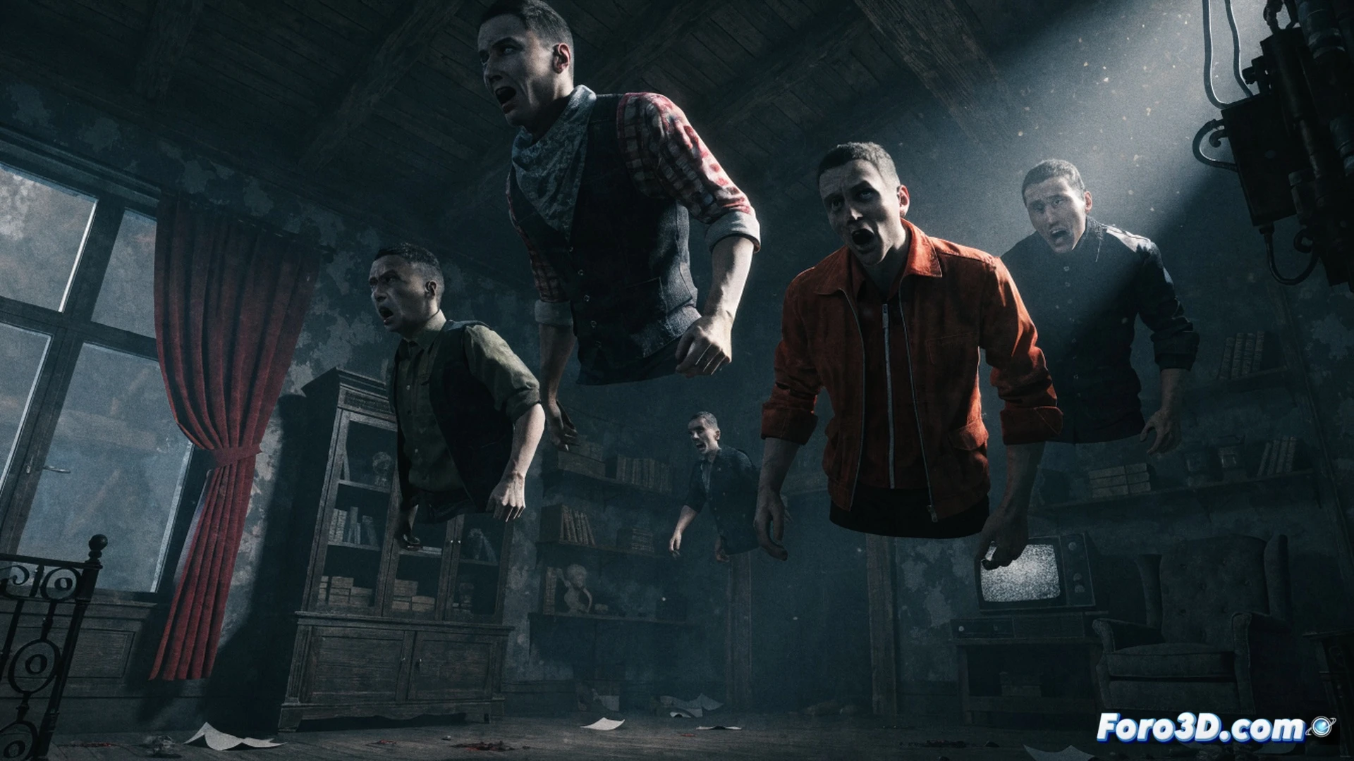 five humanoid torsos floating in a dark living room, legs completely missing below the waist, characters frozen mid-scream while staring at a TV screen showing a horror movie, one player holding a game controller with disconnected cable, another player's torso tilted as if walking but with no lower body, cinematic horror visualization, dim blue light from TV casting shadows on walls, glossy floor reflecting the floating torsos, realistic skin textures, subtle motion blur on controller buttons, photorealistic technical render, eerie atmosphere, glitch aesthetic with slight digital distortion around missing limb areas
