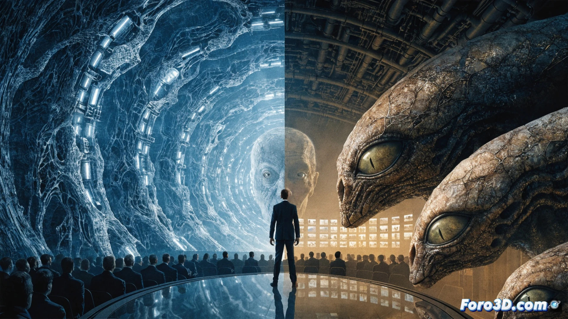 Cinematic wide shot of a massive alien spacecraft hovering over a government control room, holographic screens displaying classified data streams, engineers pointing at glowing interfaces while a central communication console emits a soft blue pulse, technicians adjusting antennas and signal arrays, alien and human silhouettes facing each other through a glass partition, photorealistic sci-fi visualization, dramatic backlighting from the craft’s underbelly, dust particles floating in the air, high-tech cables and server racks visible, tension captured in the moment of first contact, ultra-detailed metallic surfaces, cinematic lighting with cool blue and warm orange contrast