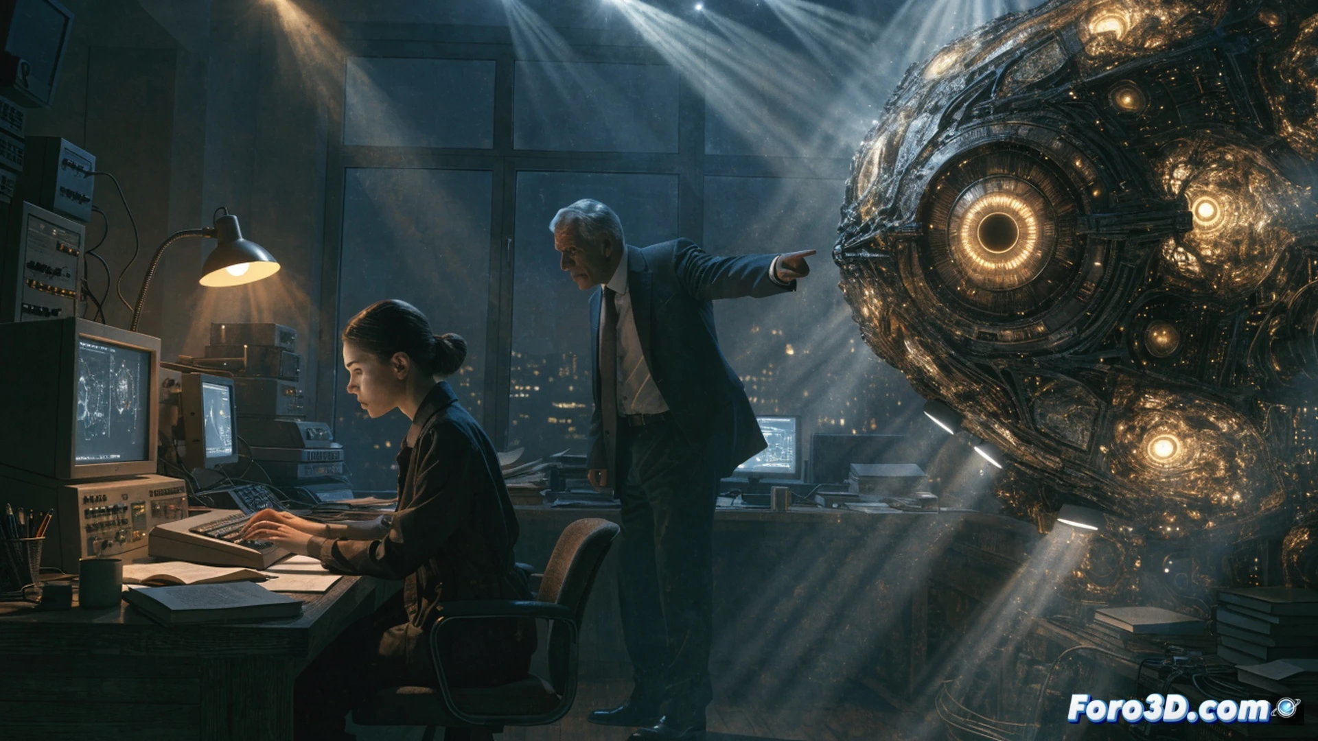 two silhouetted figures in a dimly lit government archive room, one holding a classified folder marked with redacted stamps while the other points at a flickering monitor displaying blurred alien spacecraft schematics, old filing cabinets and a rotary phone on a wooden desk, dust particles floating in a single beam of harsh overhead light, cinematic photorealistic style, dramatic chiaroscuro shadows, 1970s institutional aesthetic, worn linoleum floor, tension in body language, ultra-detailed textures on paper and metal, wide-angle lens effect, secret documents scattered, a heavy door slightly ajar in background, cold fluorescent glow mixing with warm desk lamp