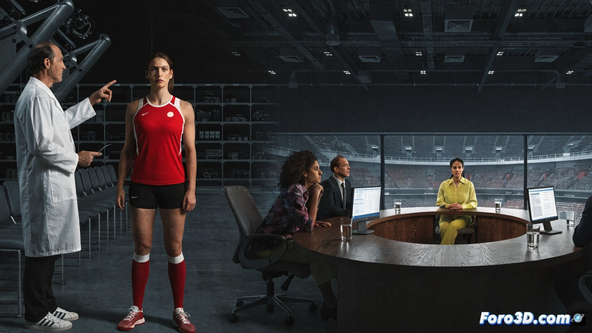 photorealistic technical illustration, female sports doctor in white coat using tablet to analyze knee MRI scan on a medical monitor beside a soccer field, male coach in team uniform standing with arms crossed blocking access, two young female athletes in training gear waiting behind a chain-link fence, muddy football boots on bench, medical bag open with bandage and stethoscope visible, cold blue stadium lighting, dramatic shadows, ultra-detailed textures, cinematic documentary style, no text or numbers visible
