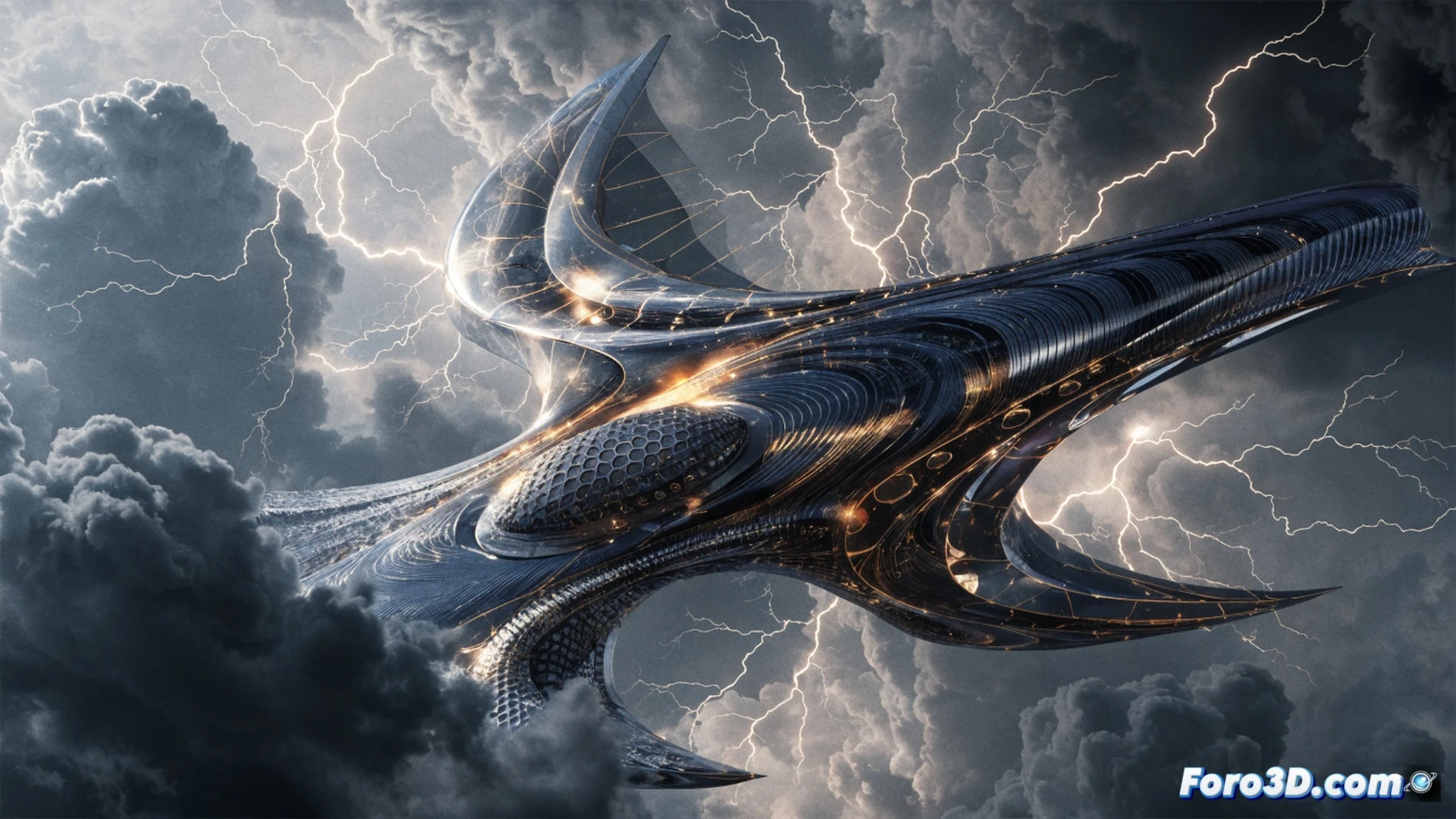 3D wireframe aircraft navigating through a volumetric thunderstorm, lightning bolts striking the fuselage while structural stress lines glow red across the digital mesh, aerodynamic simulation showing turbulent wind vortices breaking around wings, parametric modeling interface visible in background with deformation algorithms active, cinematic engineering visualization, dark storm clouds with internal lightning illumination, translucent blue wireframe edges contrasting with orange stress heatmaps, particle debris swirling around cockpit, ultra-detailed polygonal structures bending under virtual forces, photorealistic technical render with dramatic chiaroscuro lighting