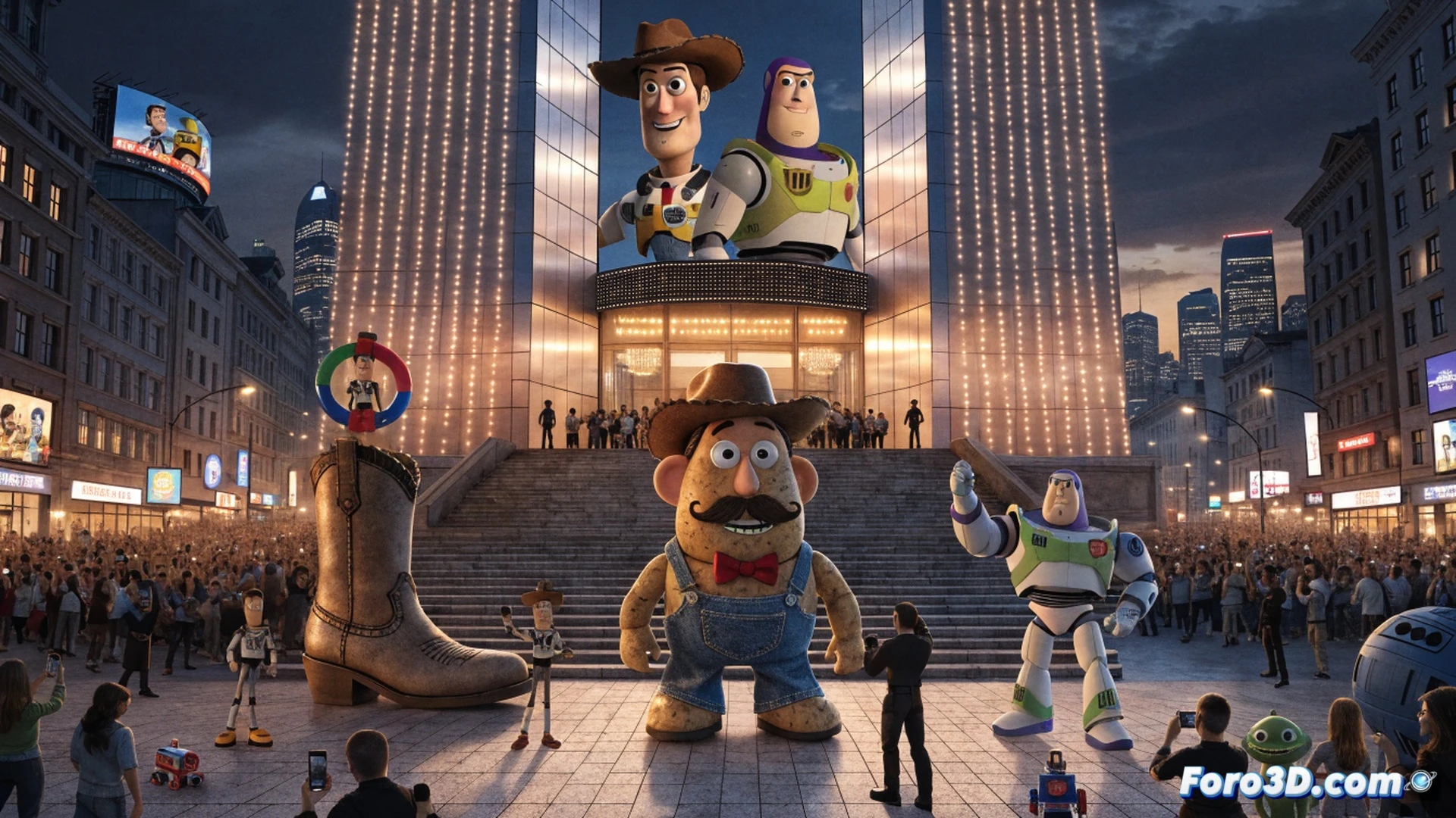 cinematic scene of Buzz Lightyear and Woody standing on a glowing box office ticket, digital cash flow streams swirling around them like a tornado, Toy Story 5 movie poster fragments flying upward, green energy bars rising from a futuristic ticket scanner, photorealistic animation style, dramatic spotlight illuminating the duo, scattered golden coins and 3D bar graphs floating in mid-air, intense action pose with Buzz holding a laser blaster and Woody tipping his hat, hyper-detailed plastic textures, soft cinematic shadows, wide-angle lens effect, vibrant primary colors against dark background