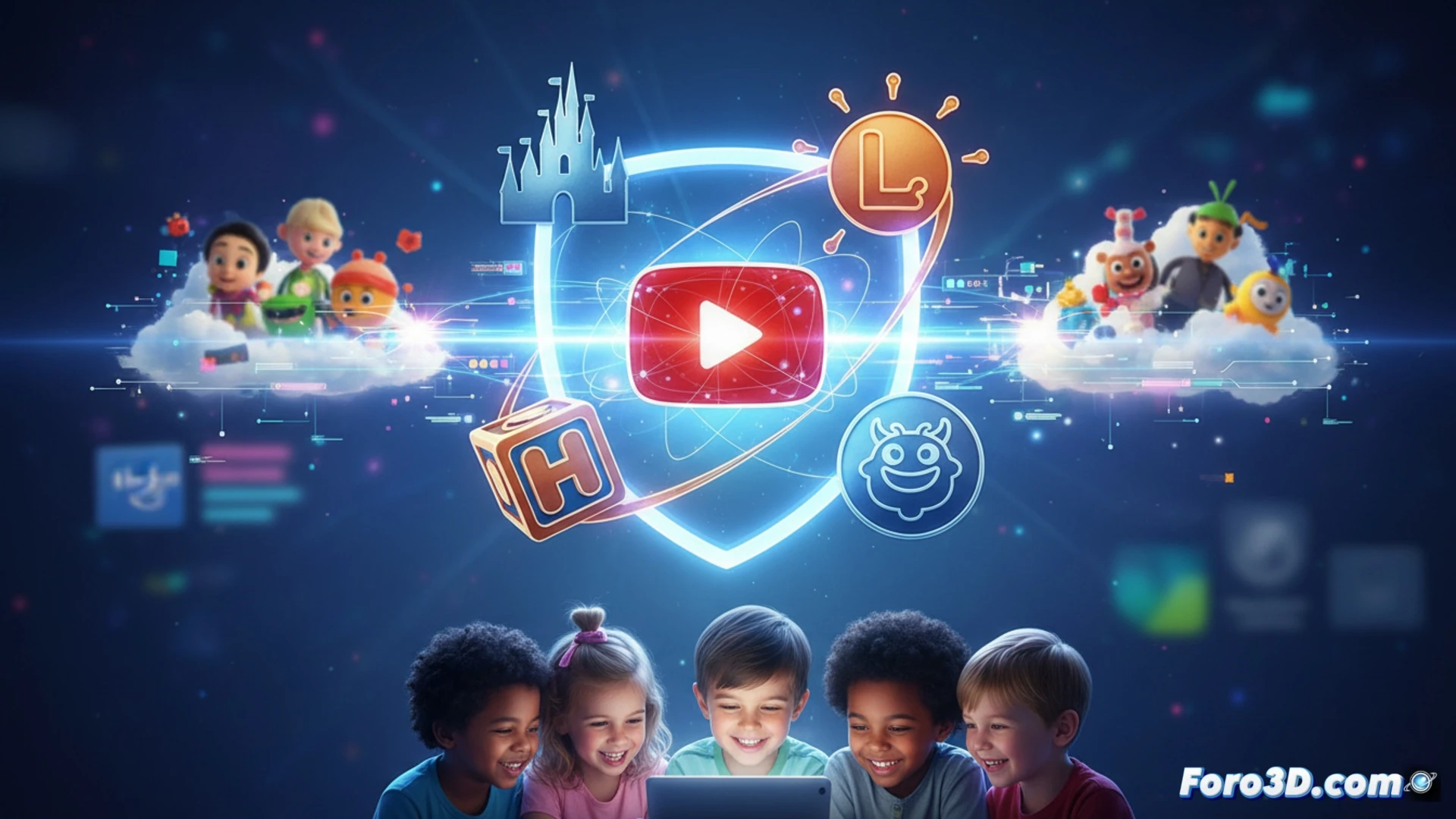 digital safety dashboard interface overlaid on a childrens YouTube channel scene, a parent figure adjusting parental control settings on a tablet while animated Disney characters and Marvel superhero icons float securely in the background, Lumee platform logo integrated as a shield-shaped moderation tool, glowing green verification checkmarks appearing next to kid-friendly ad slots, cinematic technical illustration, clean modern interface with translucent data panels, warm family-friendly lighting, soft blue and yellow color palette, photorealistic engineering visualization, action of safe ad placement process demonstrated in real-time