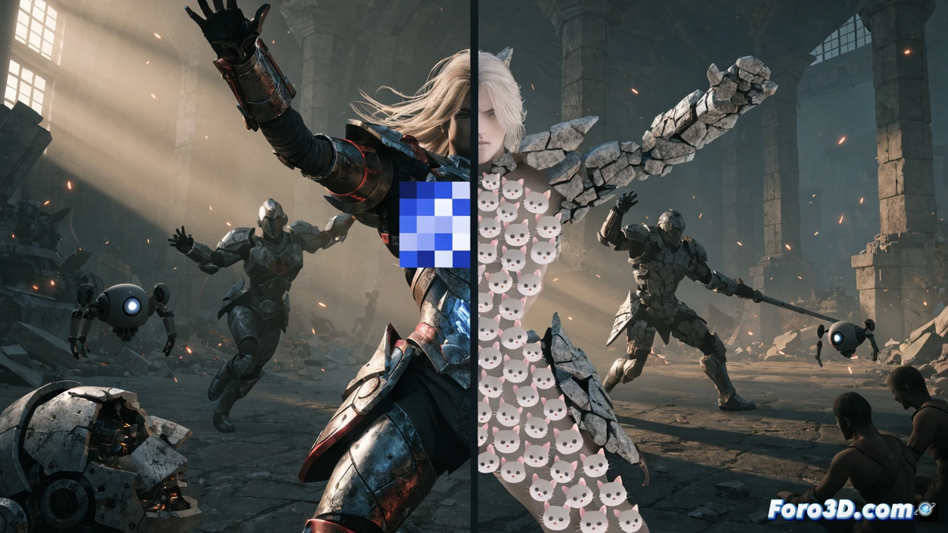 Nintendo Switch console in handheld mode displaying Dispatch game settings menu, player finger pressing toggle button labeled with pixelated mosaic and black block options, character on screen with partial censorship showing blurred genital area while chest remains visible, cartoon gato covering rear of second character, split screen comparing uncensored and censored versions, Joy-Con controllers resting on table, technical UI elements with sliders and checkboxes, cinematic lighting on console screen, photorealistic product photography style, matte black hardware, subtle blue LED glow from dock, high-contrast screen reflection, ultra-detailed texture on buttons and thumbsticks