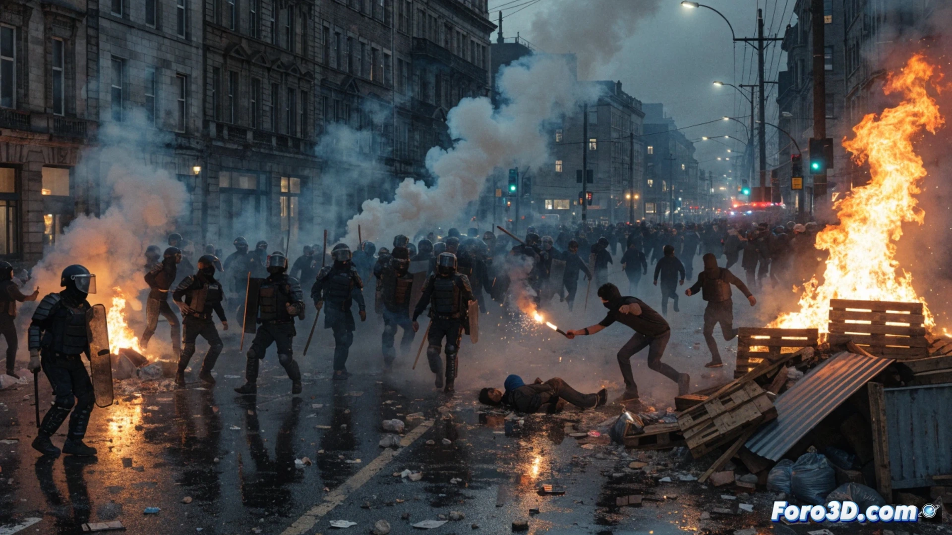cinematic photorealistic urban riot scene in Belfast street, burning vehicles and buildings with thick black smoke rising, shattered glass and debris scattered on pavement, police in riot gear forming a barrier with shields, demonstrators throwing objects, Spanish consulate emergency alert visible on a smartphone held by a distressed Spanish resident, red and blue emergency lights flashing, dramatic low-angle shot, heavy atmosphere, dark clouds overhead, ultra-detailed textures of fire and smoke, realistic lighting from flames and police lights
