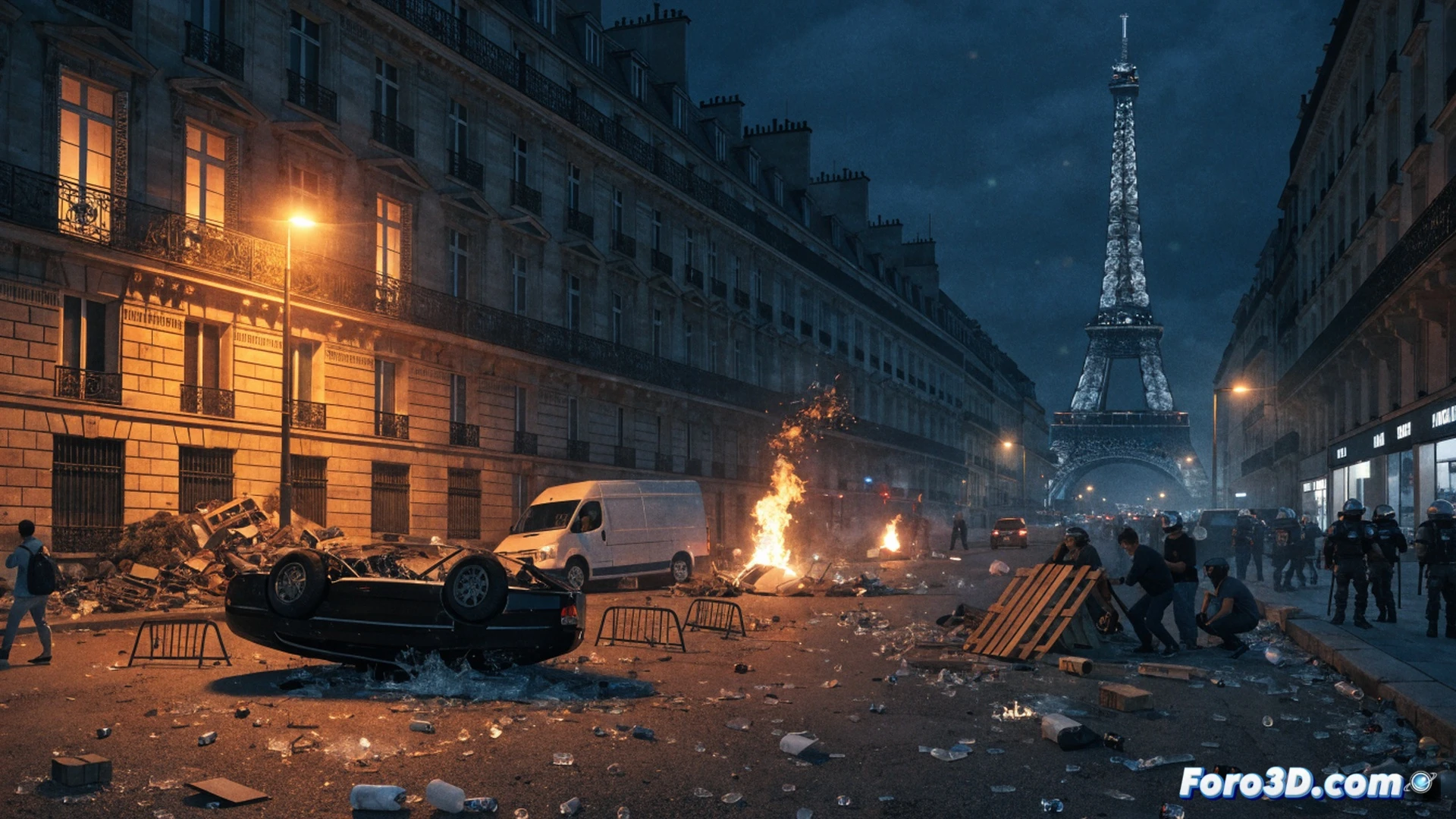 Disturbios callejeros en París tras la Champions, aficionados dispersos sin coordinación, agentes de policía monitoreando multitudes desde vehículos blindados, pantallas de vigilancia urbana mostrando mapas de calor en tiempo real sin conexiones entre grupos, cámaras de seguridad enfocando rostros aleatorios, estilo cinematográfico realista, iluminación nocturna con destellos de bengalas, ambiente tenso pero desorganizado, texturas de asfalto mojado y adoquines, fotorealismo técnico con detalles urbanos