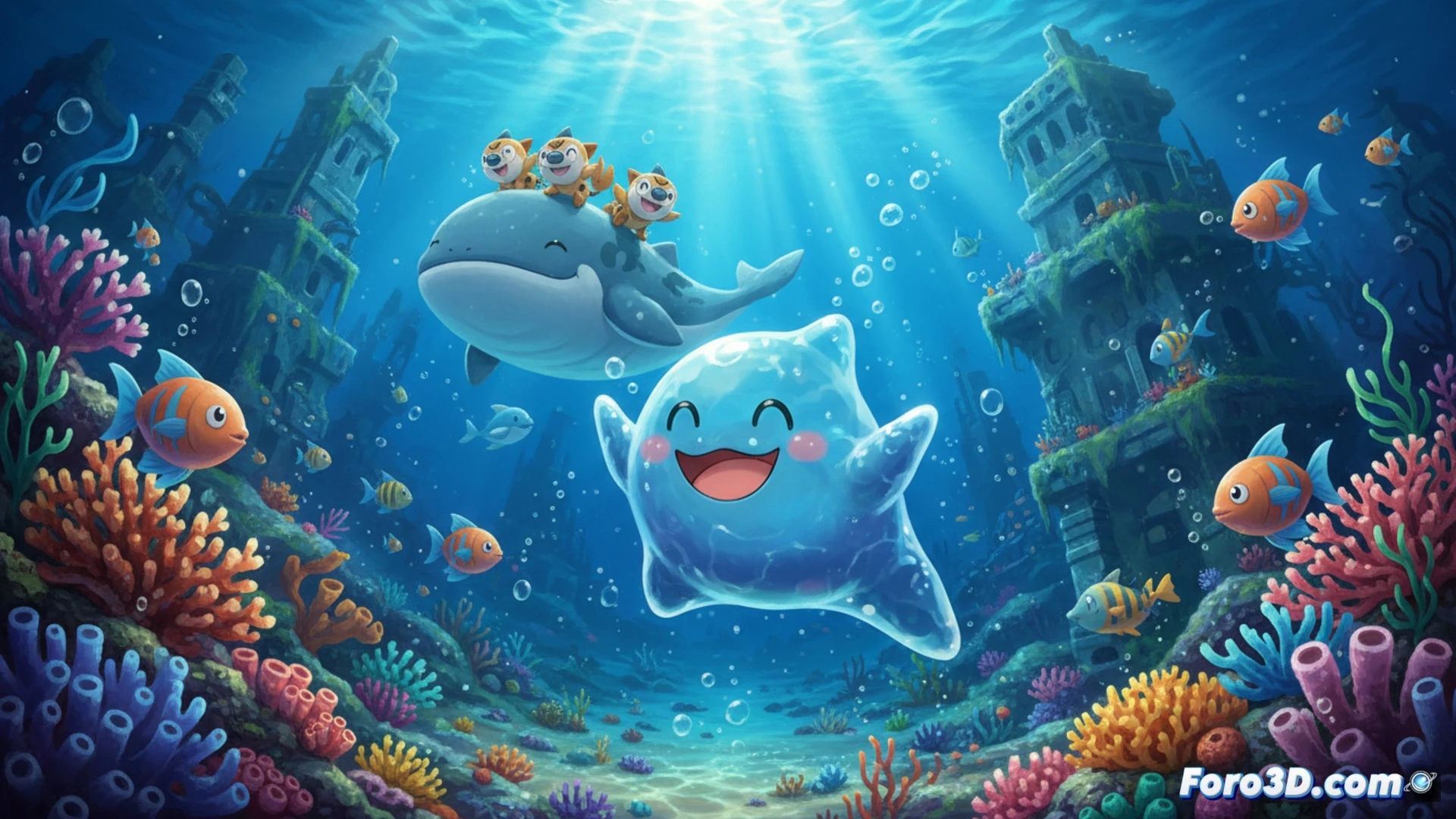 Ditto transformado parcialmente en un buceador, su cuerpo gelatinoso azul rodeado de burbujas mientras desciende entre ruinas de un templo submarino, corales bioluminiscentes iluminan el fondo marino, mostrando a Ditto usando la habilidad Buceo sin equipo de respiración, durante una exploración técnica, proceso de adaptación fluida, visualización de ingeniería de fluidos, partículas de agua turbulenta alrededor de su forma maleable, rayos de luz solar filtrándose desde la superficie, estilo cinematográfico fotorrealista, iluminación oceánica dramática, texturas de criatura translúcida, detalle hiperrealista de flora marina