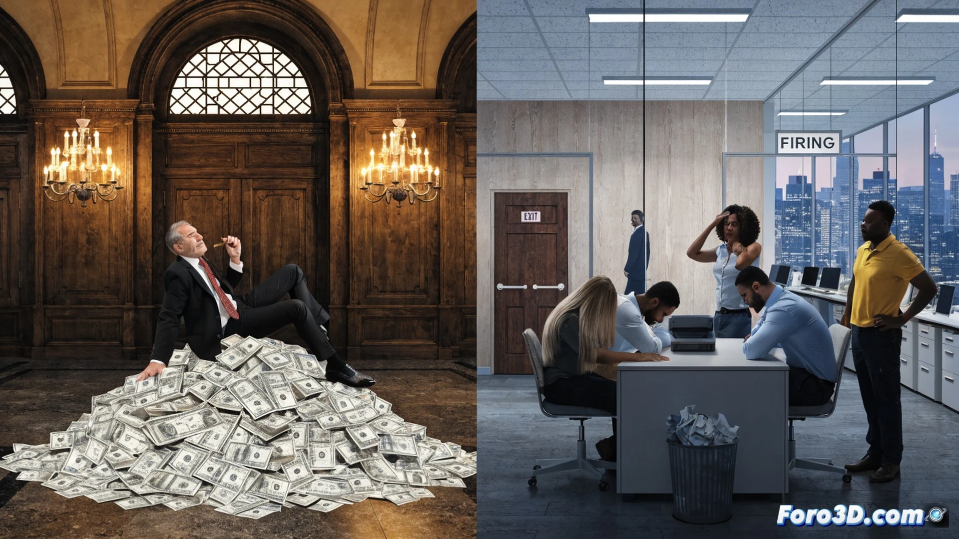 corporate boardroom scene, panoramic windows showing city skyline, executives raising champagne glasses while behind them a large monitor displays plummeting stock graph and dividend payout numbers, in foreground a glass wall reveals open-plan office with empty desks, packing boxes, and workers carrying personal belongings, split-level composition contrasting celebration and layoffs, cinematic photorealistic style, cold blue corporate lighting against warm sunset outside, reflective surfaces showing dual realities, ultra-detailed office equipment and paper documents scattered, dramatic tension in lighting and shadows, technical architectural visualization