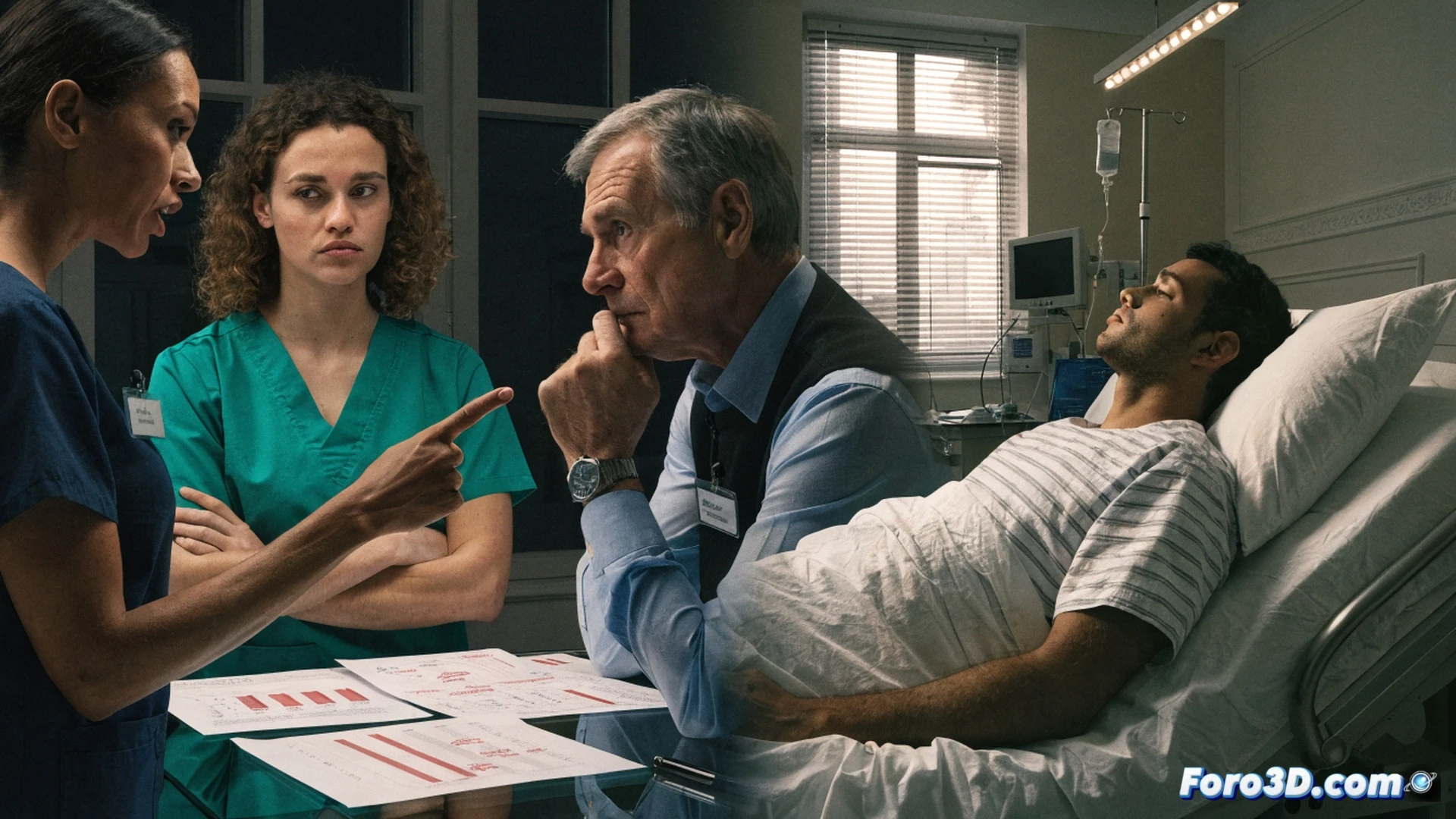 Two nurse factions in a sterile hospital corridor, one group holding a clipboard with a broken chain symbol, the other pointing at an overflowing patient chart, a lone patient on a gurney in the background waiting, IV drip bag nearly empty, tangled stethoscopes and dropped surgical masks on the floor, harsh fluorescent ceiling lights casting long shadows, photorealistic cinematic style, cold blue and white color palette, tension visible in crossed arms and turned backs, dust particles in the air, realistic medical equipment details, no text or numbers visible