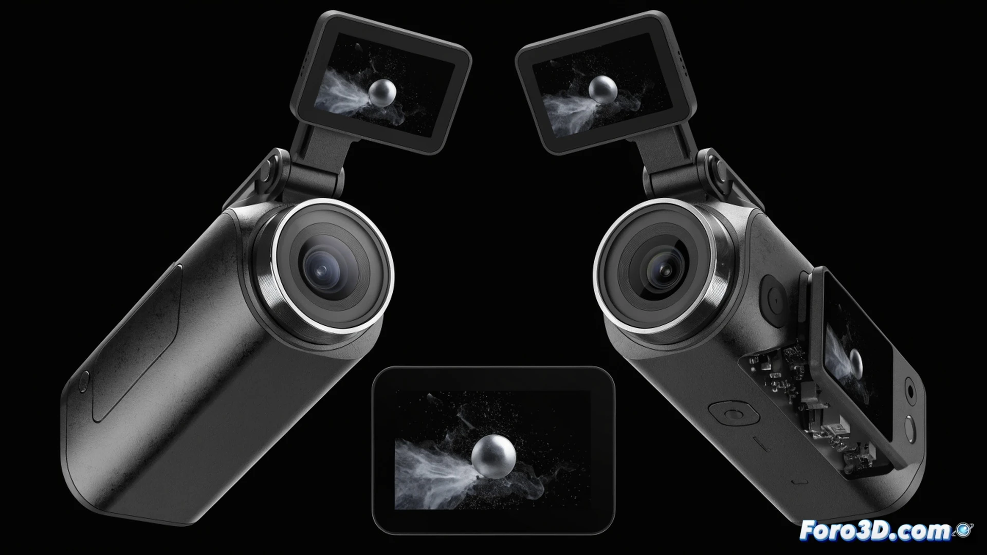 DJI Osmo Pocket 4P handheld camera recording a skateboarder performing a kickflip in slow motion at 240 fps, camera screen displaying 4K footage timeline with frame-by-frame motion analysis, skateboard wheels spinning in ultra-slow blur while dust particles hang frozen in midair, cinematic action scene with dramatic side lighting, sleek black compact gimbal camera held by a creator's hand, technical illustration style with high contrast and sharp focus on the lens and stabilization mechanism, photorealistic engineering visualization