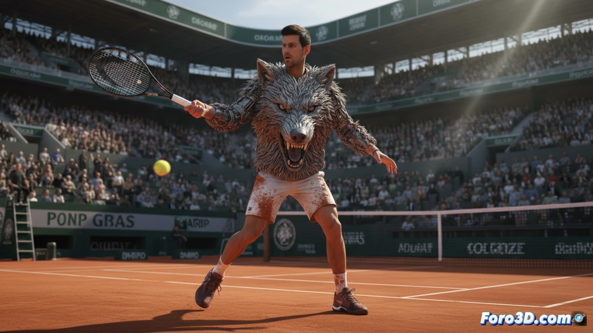 Novak Djokovic wearing a jacket with a 3D-printed wolf emerging from fabric mixed with real mud, wolf paw gripping the shoulder while clay particles fall during a press conference at Roland Garros, technical fashion design process visible, seams connecting printed polymer to organic textile, cinematic photorealistic engineering visualization, dramatic stadium lighting, mud streaks catching light, ultra-detailed texture contrast between digital print and natural dirt, realistic fabric tension, high-end fashion photography style