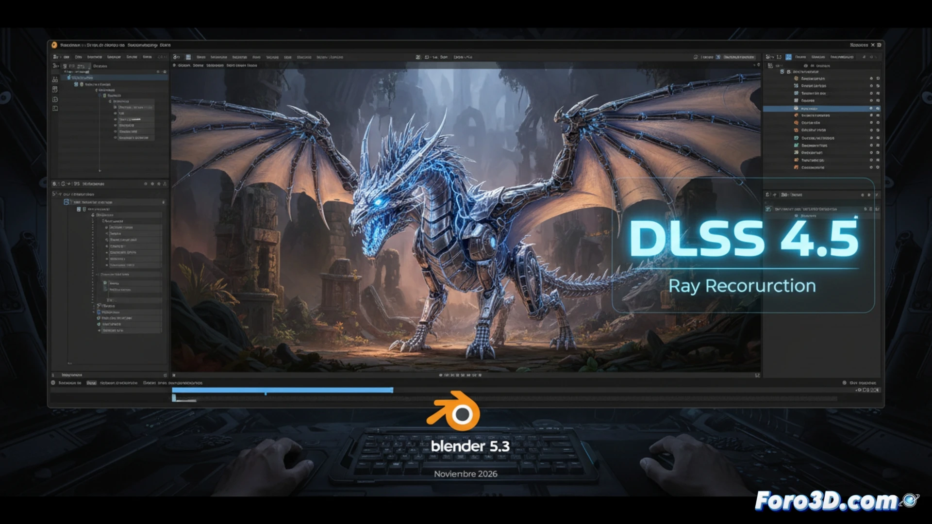 3D viewport of Blender 5.3 showing a complex sci-fi interior scene, DLSS 4.5 Ray Reconstruction actively refining noisy reflections on glossy metallic surfaces and glass panels, real-time denoising process visible as shimmering light paths smoothing into crisp details, GPU rendering hardware glowing subtly in the background, cinematic technical illustration style, ultra-sharp edges, soft global illumination, dramatic contrast between raw noisy zones and polished final preview, photorealistic engineering visualization