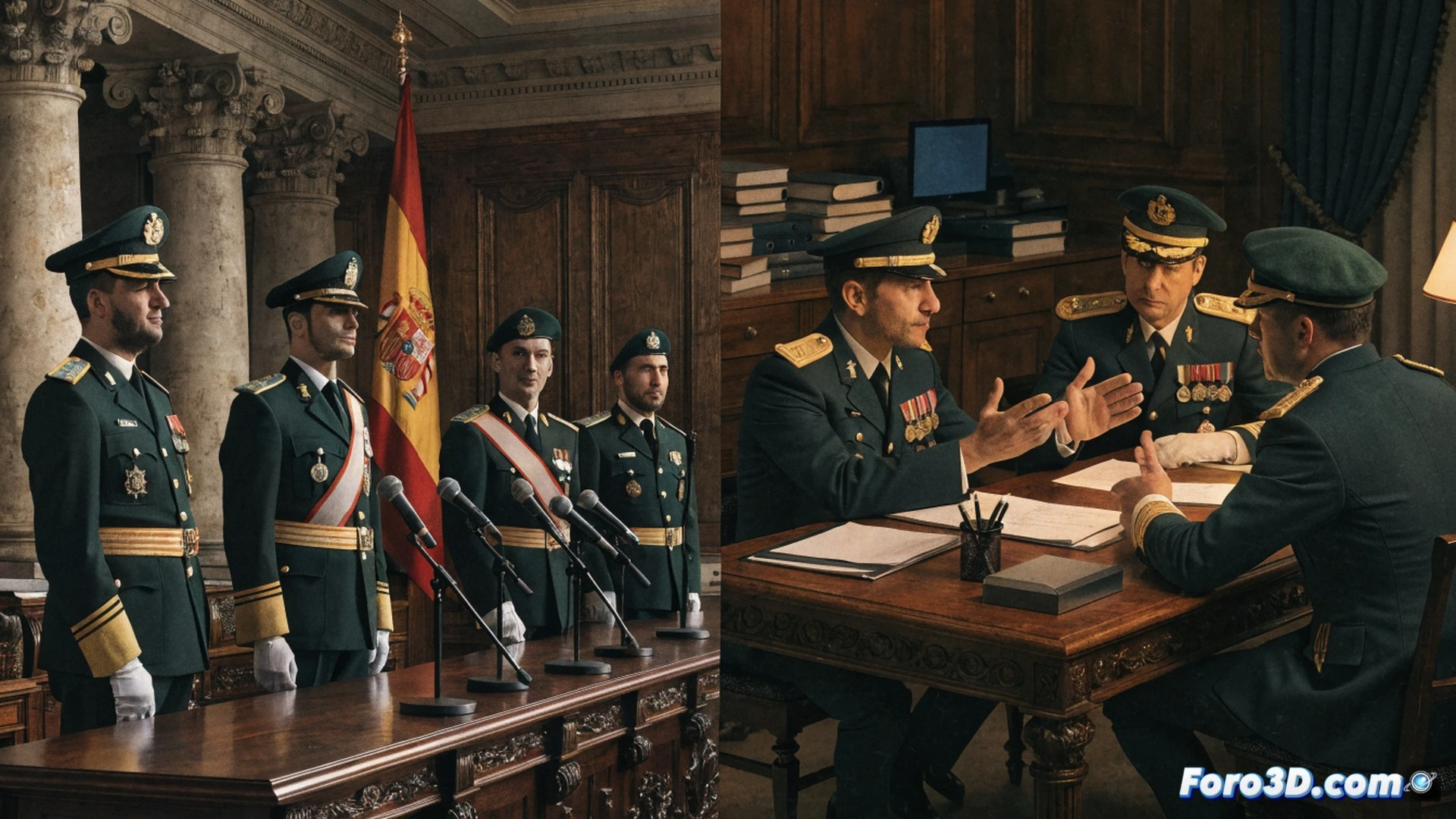 Una figura uniformada de la Guardia Civil firma un documento oficial en una mesa de madera noble, mientras su otra mano oculta un teléfono móvil que muestra un chat privado con el mismo texto tachado y anulado. Sobre la mesa, una placa metálica institucional y un sello de caucho yacen junto a un ordenador portátil abierto con una pantalla partida: a la izquierda, un discurso público con fondo de bandera; a la derecha, un correo interno con lenguaje coloquial y directrices políticas. La luz de la pantalla ilumina el rostro del agente, que mira de reojo hacia una cámara de seguridad, mientras una sombra de un juez de toga se proyecta sobre la pared del fondo. Estilo cinematográfico, iluminación dramática de claroscuro, textura de cuero y metal, fotorealismo técnico.