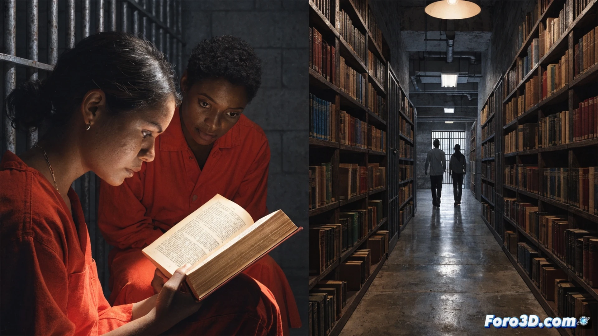 photorealistic scene inside a prison library, a woman in inmate uniform reaching for a worn paperback on a metal shelf, another woman seated at a wooden table reading intently, sunlight streaming through a barred window illuminating dust particles, stacks of donated books on a cart, hands passing a book through a cell door gap, concrete walls and steel furniture, warm artificial light contrasting with cold institutional tones, cinematic composition, deep shadows, hopeful atmosphere, ultra-detailed textures, realistic human expressions, technical editorial illustration style