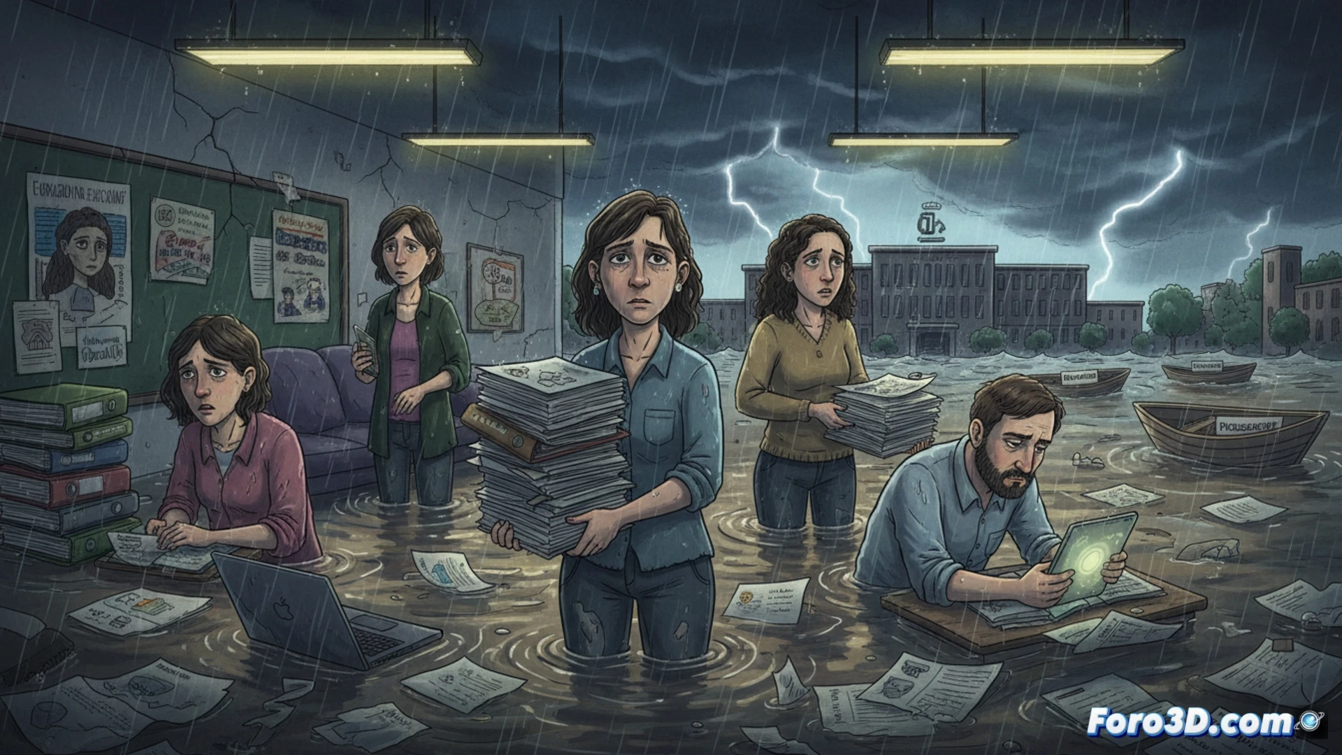 cinematic photorealistic scene of a classroom desk piled high with stacks of paper forms and a laptop showing an overflowing digital document queue, a teacher’s hand holding a red pen frozen mid-air while a small flood of muddy water creeps across the floor from an open door, a mental health crisis poster peeling off the wall, broken filing cabinet drawer spilling folders, dramatic overhead fluorescent lighting casting long shadows, exhausted posture, technical still life with visible administrative tools and water damage, ultra-detailed textures of soaked paper and metal, realistic office clutter, moody desaturated color palette
