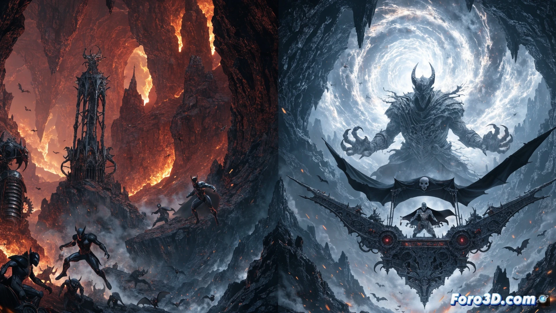Doctor Doom standing on a volcanic rock bridge inside a blazing hellscape, green cloak billowing as he raises both arms, arcane green energy erupting from his gauntlets to deflect a wave of crimson hellfire, Mephisto's shadowy horned silhouette looming behind a curtain of flames, molten metal dripping from broken machinery embedded in the obsidian ground, cinematic comic style, dramatic red and orange lighting, high contrast shadows, photorealistic digital painting, intense action pose, sparks and ember particles suspended midair, demonic clawed hands reaching from lava pools, technical illustration of mystical energy conduits glowing through Doom's armor