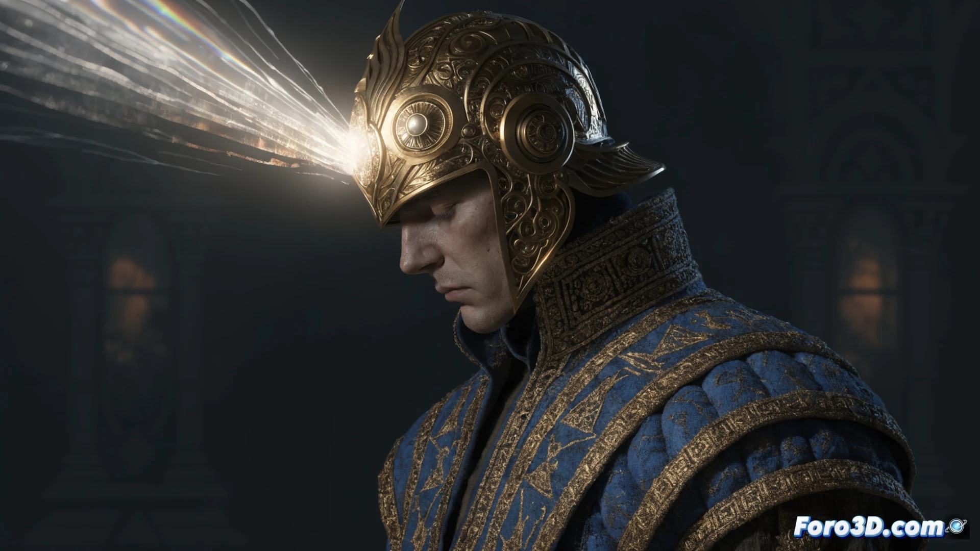 Kent Nelson with cracked golden helmet floating in a dark void, mystical energy chains wrapping around his arms while the helmet fragments fall away, glowing blue runes fading from his cloak, cinematic fantasy illustration, dramatic side lighting, ethereal particles dissolving into shadows, photorealistic character render, magical decay effect, sorrowful expression, dark atmospheric background, intricate armor details showing age and wear, supernatural energy dispersion, high contrast chiaroscuro lighting, ultra-detailed fabric textures, heroic pose fading into obscurity