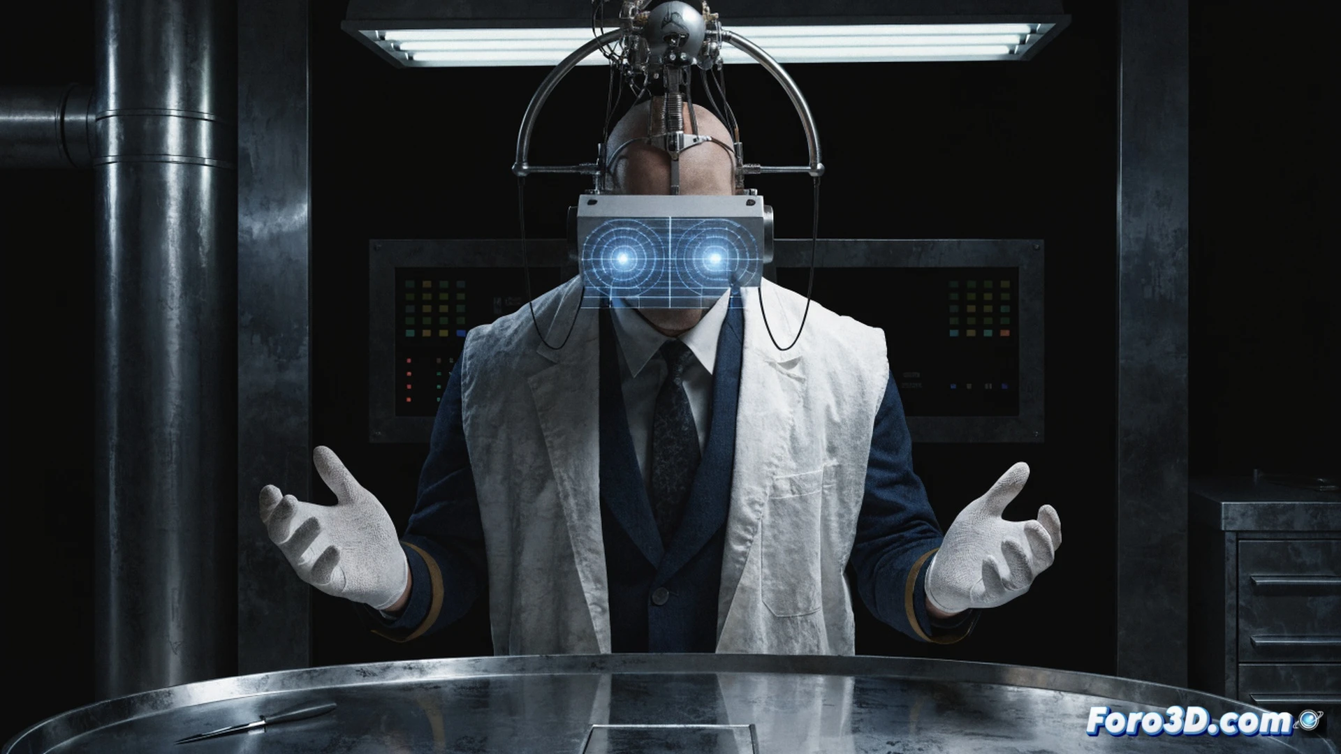 blindfolded surgeon in 1940s operating room, hands adjusting a curved black visor with glowing amber lenses, transparent holographic grid overlay revealing hidden objects in darkness, vintage medical tools and crime-fighting gadgets scattered on stainless steel tray, dark theatrical shadows from single overhead lamp, retro-futuristic aesthetic mixing noir and steampunk, dramatic chiaroscuro lighting, dust particles floating in beam, photorealistic cinematic render with film grain texture, technical illustration style showing device components in cross-section