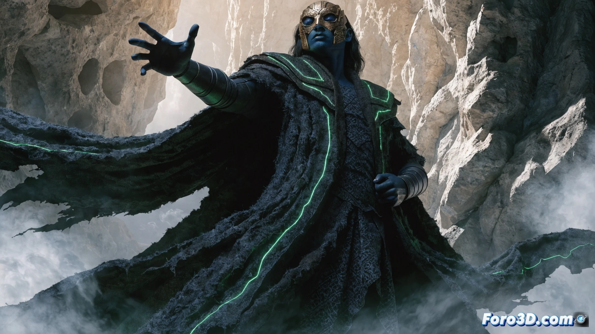 ancient Atlantean sorcerer Doctor Mist standing on a submerged coral ruin, blue magical energy swirling around his hands while summoning a glowing barrier against a dark underwater current, ancient Atlantean glyphs on stone pillars behind him, floating debris and bubbles caught in the magic field, cinematic fantasy visualization, deep ocean blues and teals, dramatic volumetric lighting from above, mystical particle effects, ultra-detailed fabric textures on his cloak, photorealistic fantasy render