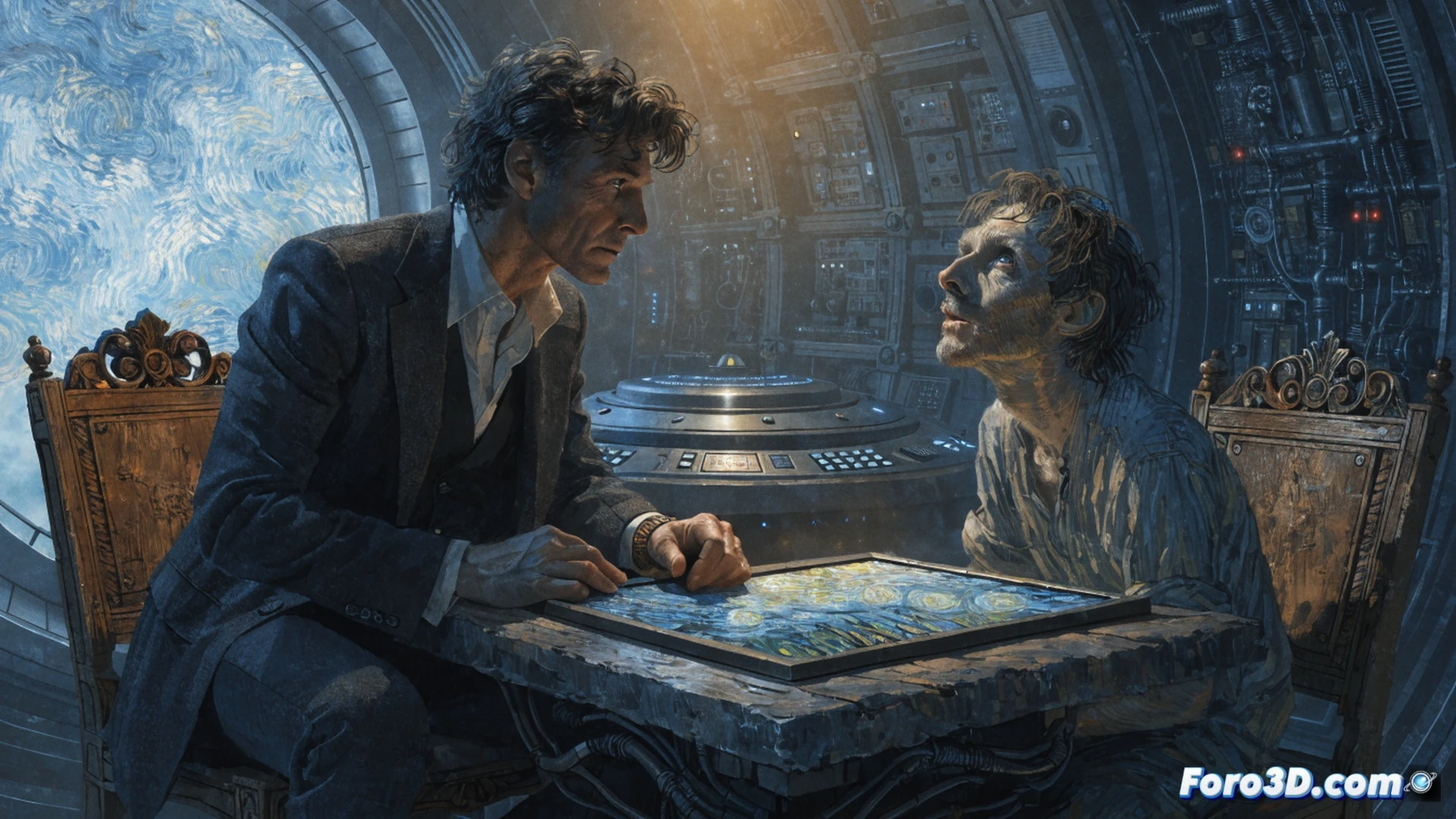 cinematic scene inside a futuristic museum gallery, Doctor and Vincent van Gogh standing before a glowing holographic display of Starry Night, museum visitors in awe in the background, van Gogh’s brush hand trembling while he touches a floating digital palette, holographic paint strokes swirling around him, ultra-detailed art restoration tools and spectral analyzers visible on a nearby console, warm golden light illuminating his face, soft blue technological glow from the holograms, photorealistic cinematic style, emotional moment of recognition and hope, motion blur on floating particles, dramatic contrast between historical oil painting textures and sleek future technology