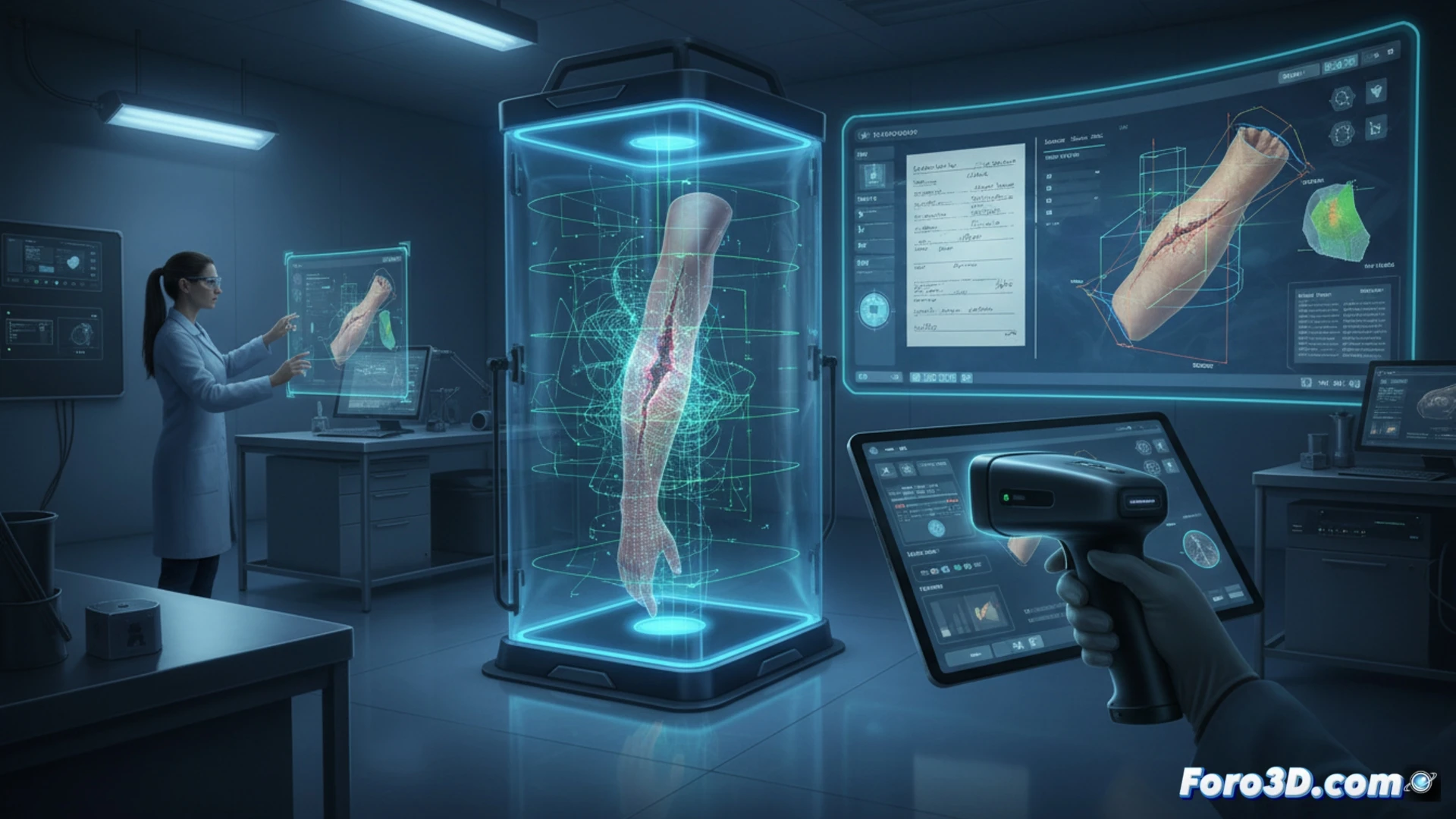 Escáner 3D de herida por arma blanca en mesa forense con iluminación controlada y cámara de fotogrametría