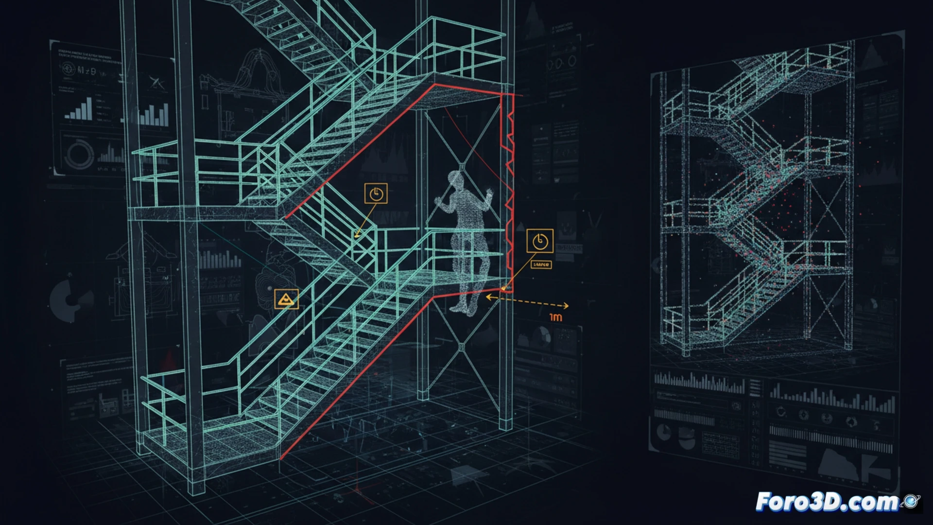 Reconstruccion 3D de escalera de emergencia con error de altura, documentacion fotogrametrica de desnivel critico en via de evacuacion