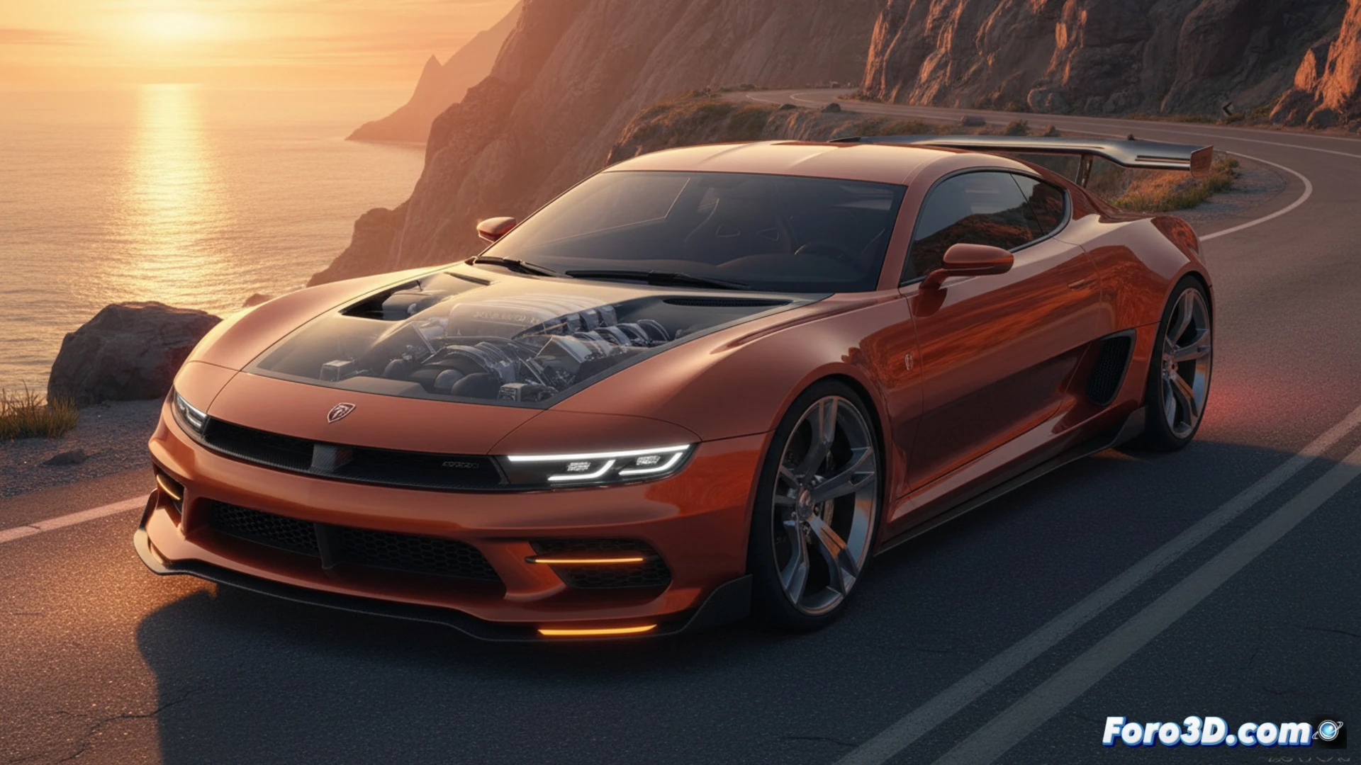 Dodge Copperhead 2029 muscle car drifting on a wet racetrack at dusk, rear tires burning rubber, smoke clouds rising, supercharged V8 engine exposed through a transparent hood, glowing red brake calipers, carbon fiber aerodynamic body kit, metallic copper paint reflecting neon track lights, cinematic engineering visualization, motion blur on spinning wheels, sparks flying from exhaust pipes, dramatic low-angle shot, photorealistic automotive render, hyper-detailed mechanical components, high contrast lighting