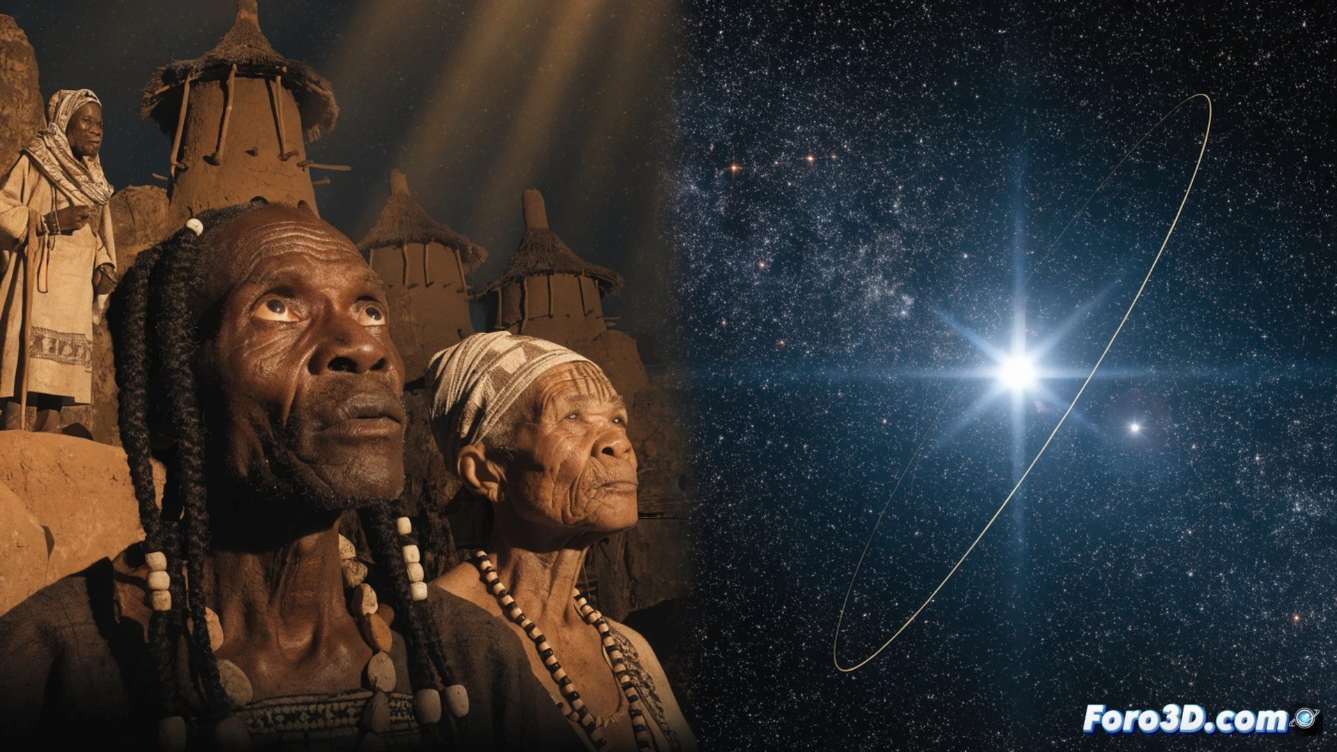 Dogon elder pointing at Sirius B in the night sky while a modern astronomer observes through a telescope, both figures silhouetted against a starfield, ancient ceremonial mask on the ground beside a laptop displaying orbital calculations, glowing 50-year elliptical orbit path traced between stars, cinematic photorealistic visualization, dramatic desert night lighting, Milky Way visible, ultra-detailed stars and nebula, mystical and scientific contrast, technical astronomy illustration