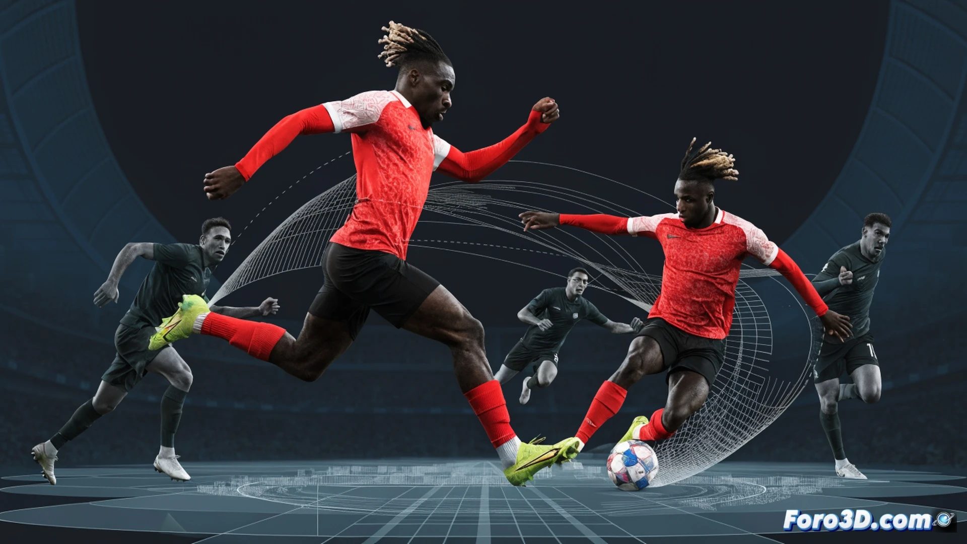 explosive football dribbling sequence, Jérémy Doku cutting inside from the wing, rapid zigzag motion blur on synthetic grass, three defenders scrambling out of sync, one defender sliding late while another overcommits, chaotic angular footwork showing sudden direction changes, ball glued to his foot during tight space control, technical 3D wireframe overlay highlighting acceleration vectors and hip torque, cinematic photorealistic sports render, dramatic stadium floodlights, ultra-detailed jersey fabric and studs, frozen mid-action pose with dynamic blur trails