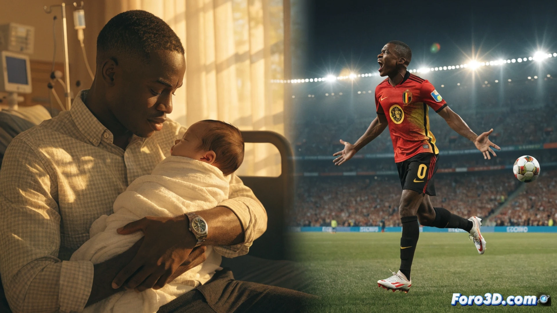 Belgian soccer player Jeremy Doku holding a newborn baby while standing on a floodlit training pitch at night, football boots and a ball visible nearby, a hospital bracelet on his wrist contrasting with his professional kit, soft stadium lights illuminating the scene, photorealistic cinematic style, emotional yet technical composition, showing the balance between family duty and athletic career, ultra-detailed fabric textures, dramatic shadows, warm family moment within a sports environment