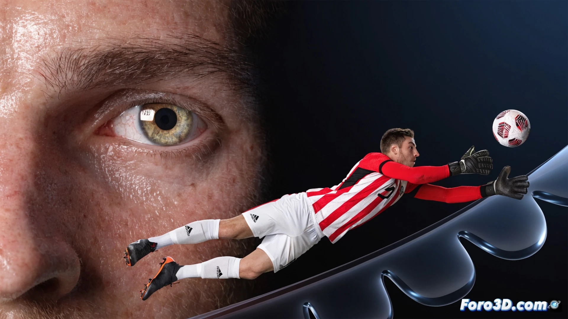 Dominik Livakovic diving horizontally at full stretch, fingertips brushing a low-driven shot inches from the post, motion blur on his gloves and jersey, sweat droplets suspended mid-air, goal frame with net tension lines visible, artificial turf texture under dramatic stadium floodlights, 3D wireframe overlay tracing his limb angles and reaction trajectory, photorealistic cinematic sports visualization, ultra-detailed muscle definition and fabric folds, high-speed freeze-frame action, technical biomechanical analysis aesthetic